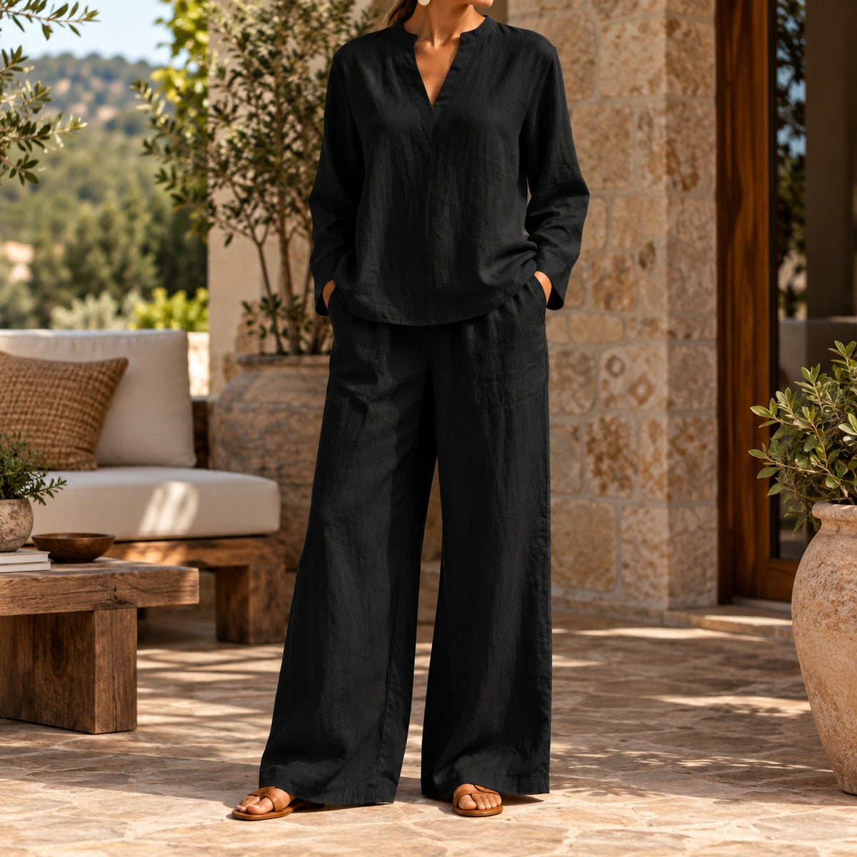 Conjunto Arezia™ com Blusa de Manga Longa e Calça Pantalona Ampla / Um Look Inteiro Resolvido com Leveza e Elegância