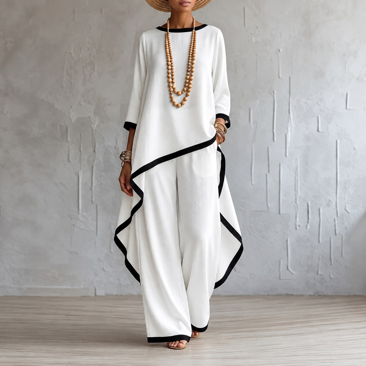 Conjunto Maroane™ com Blusa de Barra Assimétrica, Calça Pantalona e Detalhes Contrastantes