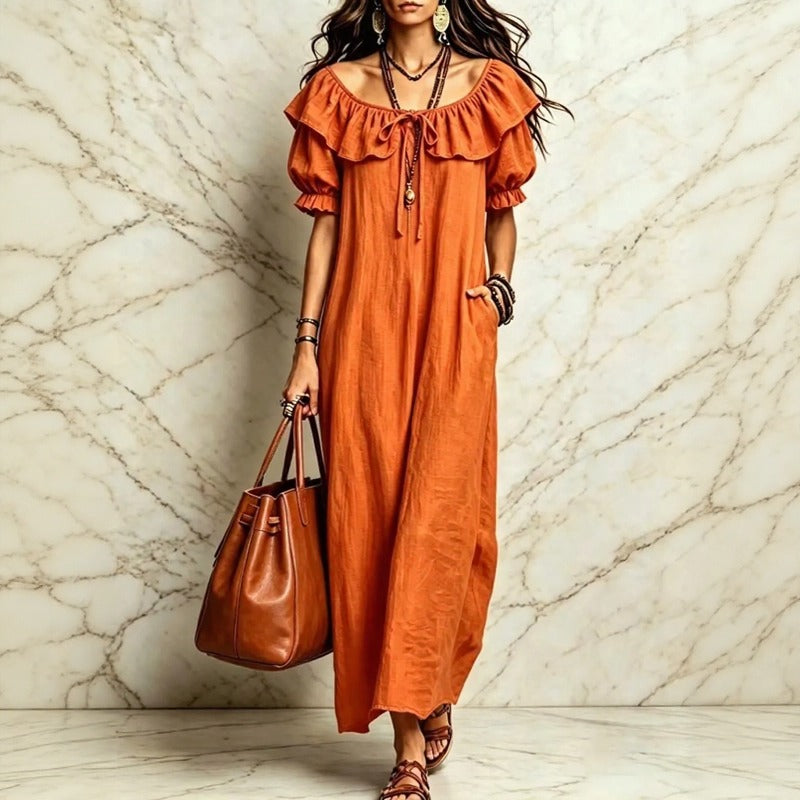 Vestido Neroli™ com Decote Ombro a Ombro, Babado Charmoso e Caimento Solto / Praticidade e Movimento Para Acompanhar o Dia com Elegância
