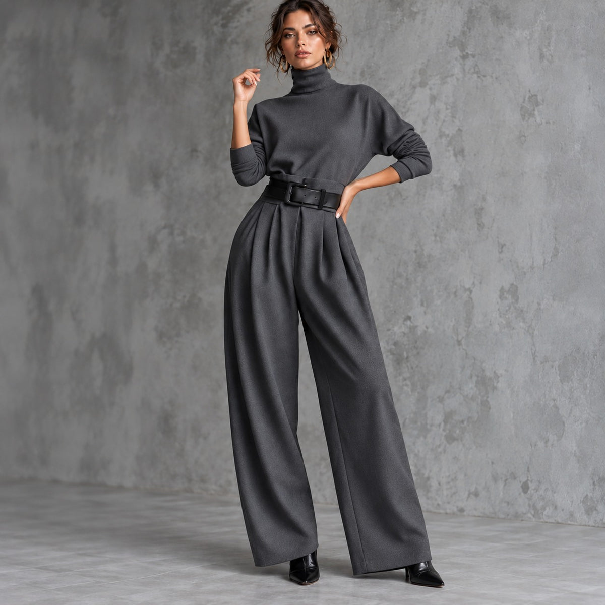 Conjunto Estella™ Estilo Social com Blusa Gola Alta e Calça de Alfaiataria com Cinto