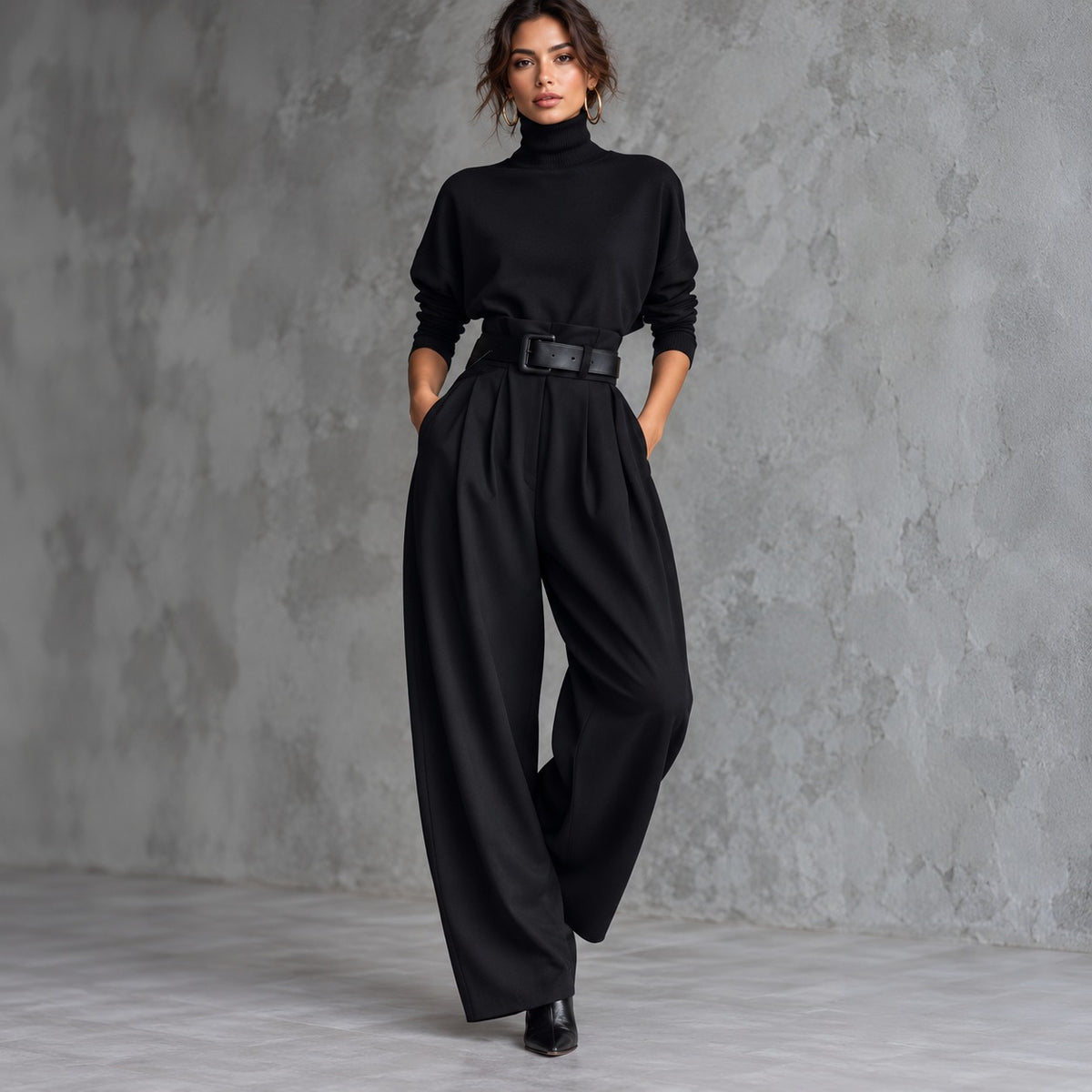 Conjunto Estella™ Estilo Social com Blusa Gola Alta e Calça de Alfaiataria com Cinto