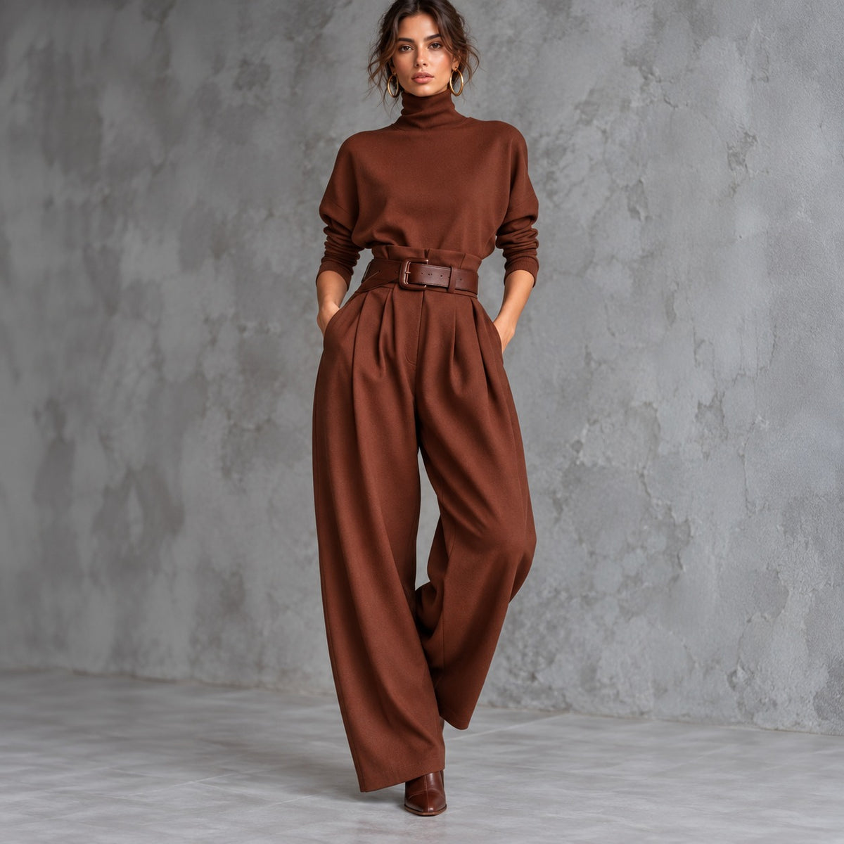 Conjunto Estella™ Estilo Social com Blusa Gola Alta e Calça de Alfaiataria com Cinto