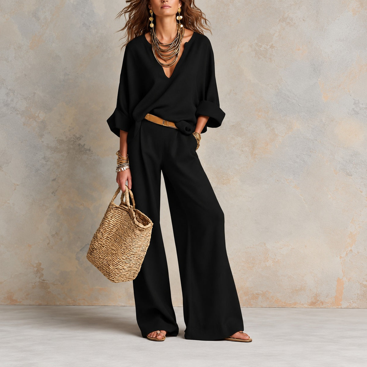 Conjunto Amélia™ em Algodão e Linho com Blusa de Decote V Alongado e Calça Pantalona