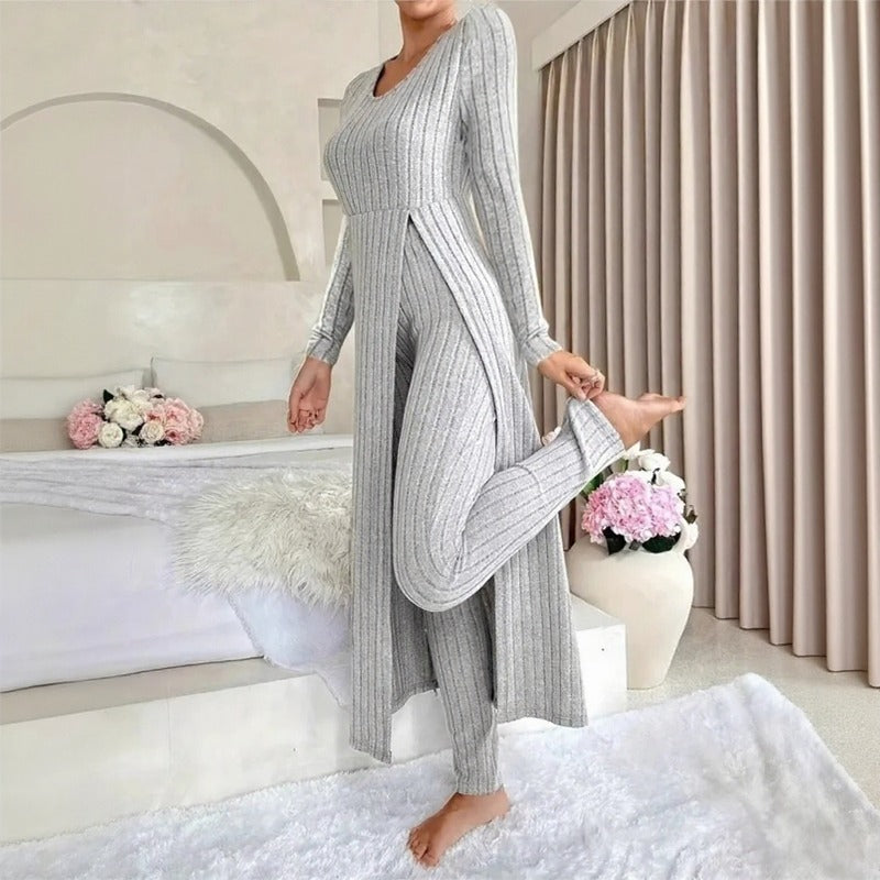 Conjunto Hera™ com Blusa Longa de Sobreposição com Corte Lateral e Calça de Cintura Alta