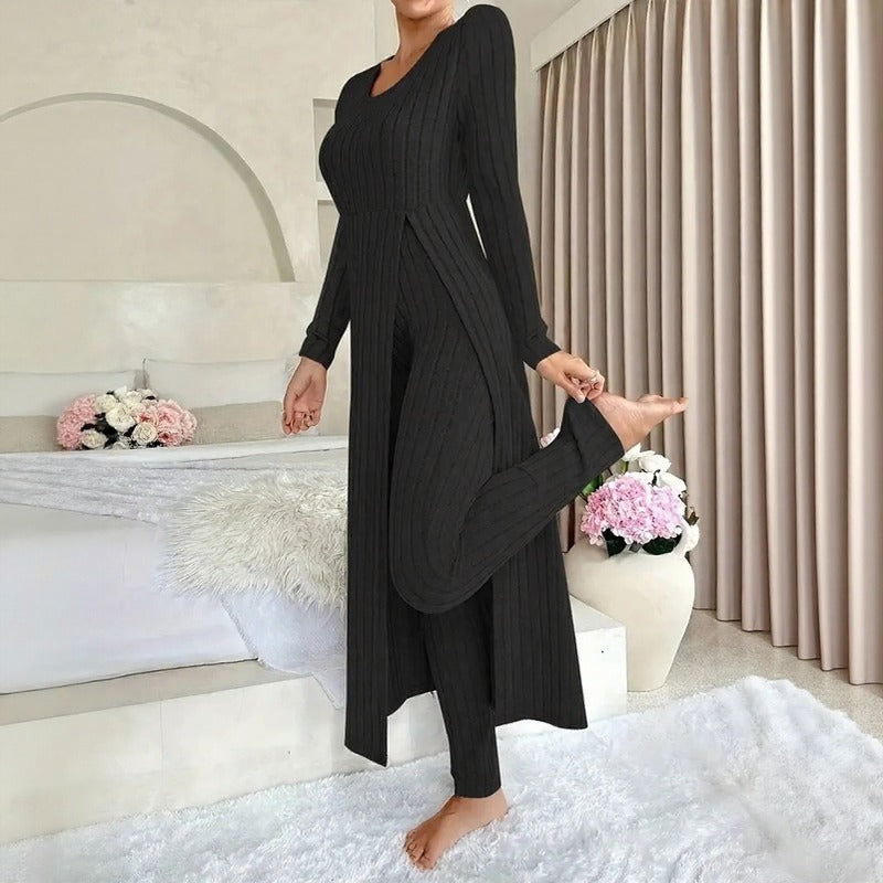 Conjunto Hera™ com Blusa Longa de Sobreposição com Corte Lateral e Calça de Cintura Alta