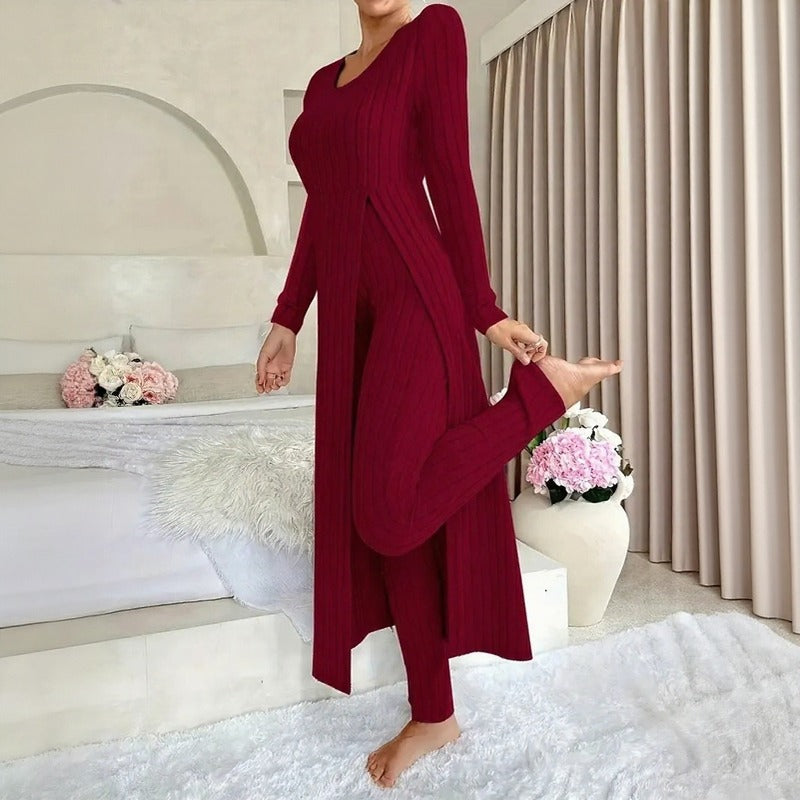 Conjunto Hera™ com Blusa Longa de Sobreposição com Corte Lateral e Calça de Cintura Alta