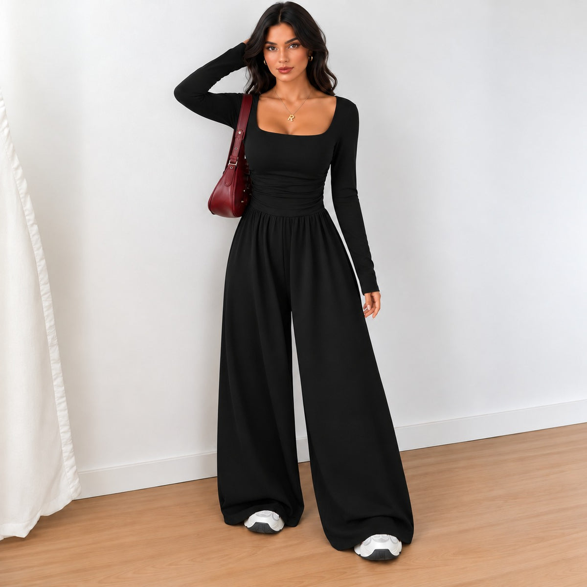Macacão Serena™ com Modelagem Pantalona, Mangas Longas e Cintura Marcada