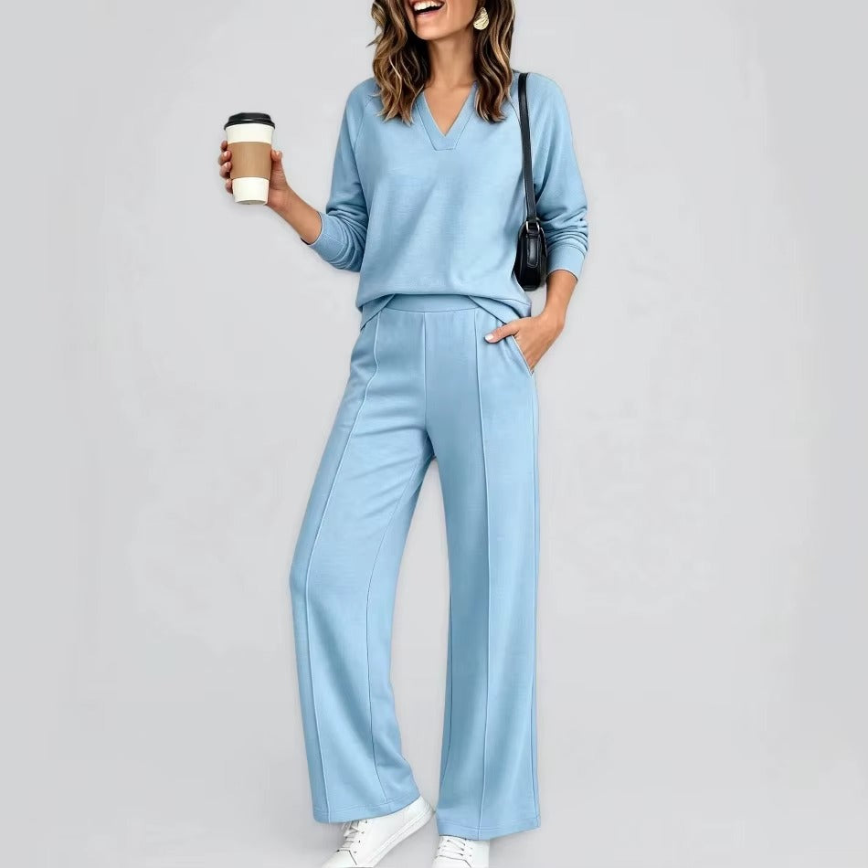 Conjunto Fabiana™ com Blusa de Decote V, Manga Longa e Calça Pantalona