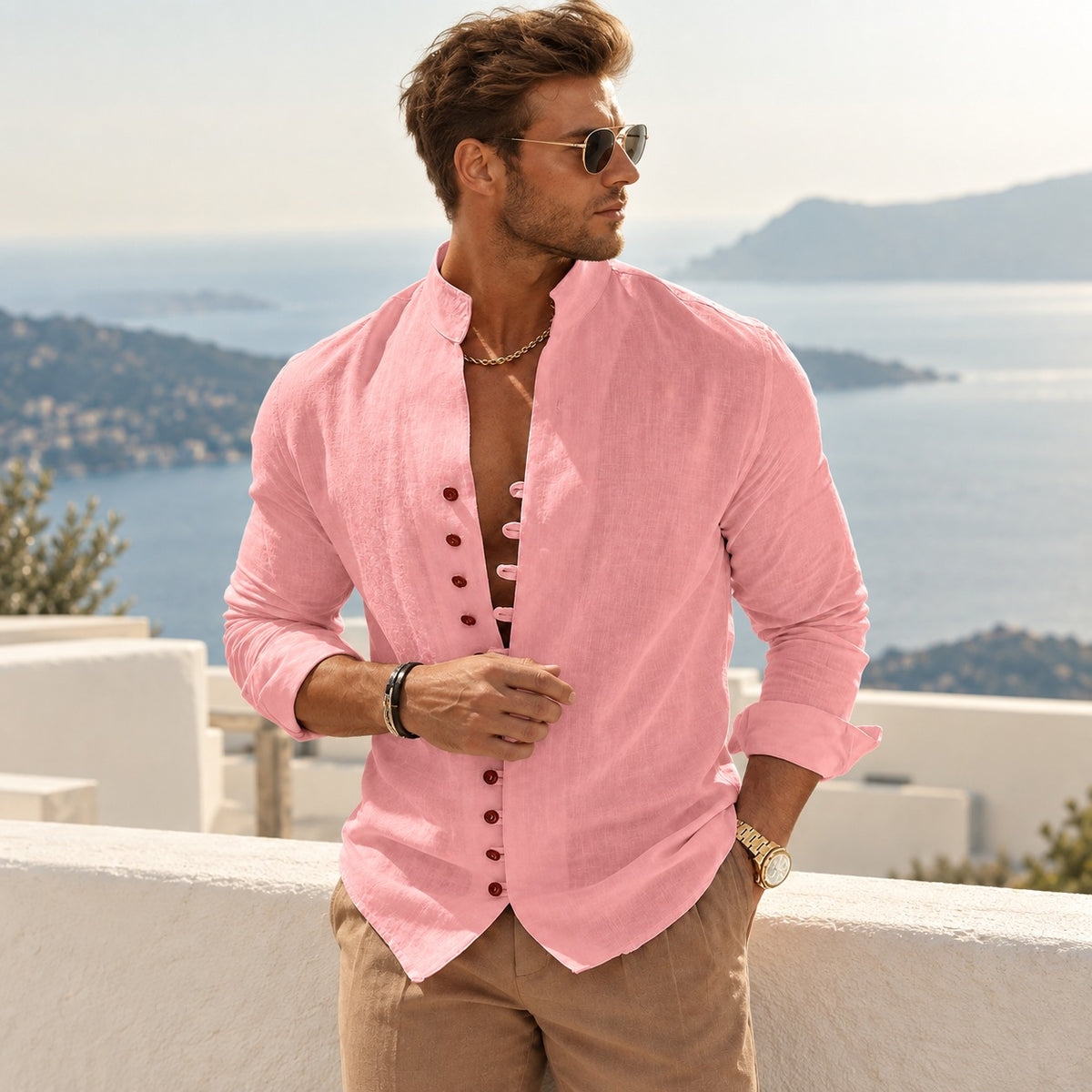 [COMPRE 1 E LEVE 2] Camisa Ferran™ em Linho de Algodão com Gola Mandarim e Estilo Old Money