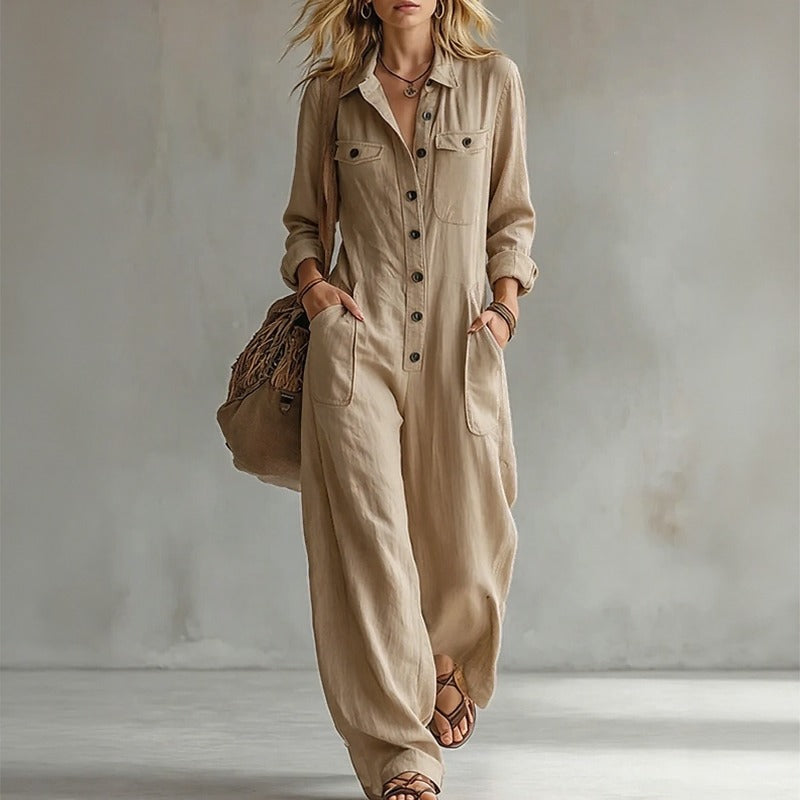 Macacão Amarisa™ com Gola Elegante, Botões Frontais e Bolsos Utilitários / Praticidade e Presença em Uma Peça Única Fácil de Vestir