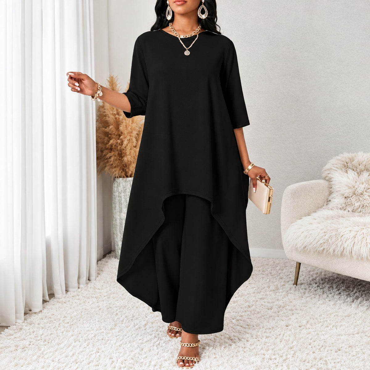 Conjunto Amanda™ com Blusa Alongada Assimétrica e Calça Pantalona