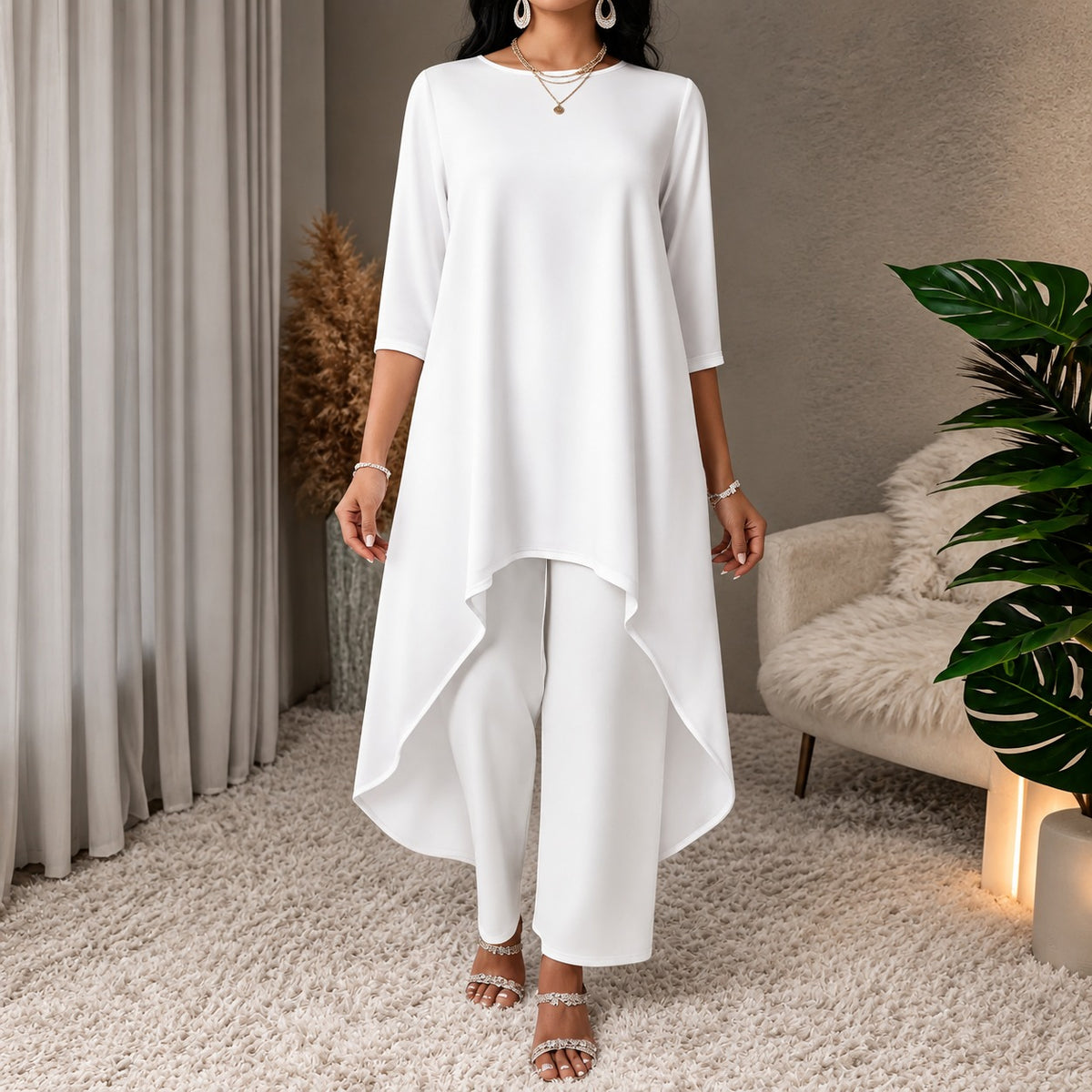 Conjunto Amanda™ com Blusa Alongada Assimétrica e Calça Pantalona
