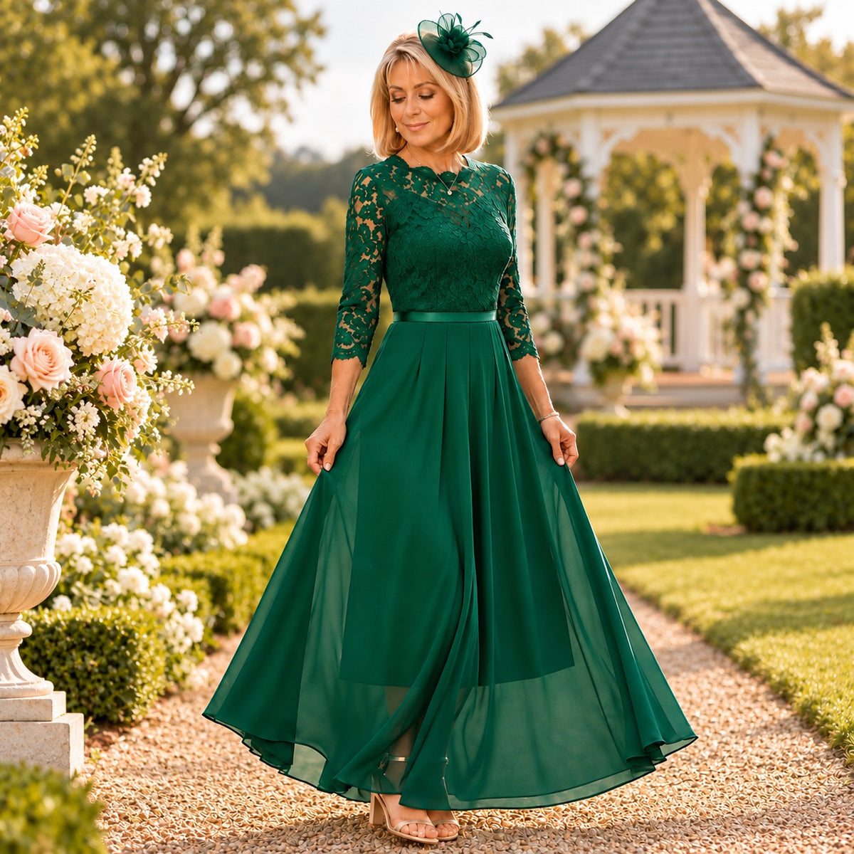 Vestido Amelia™ com Detalhes em Renda Floral e Mangas 3/4