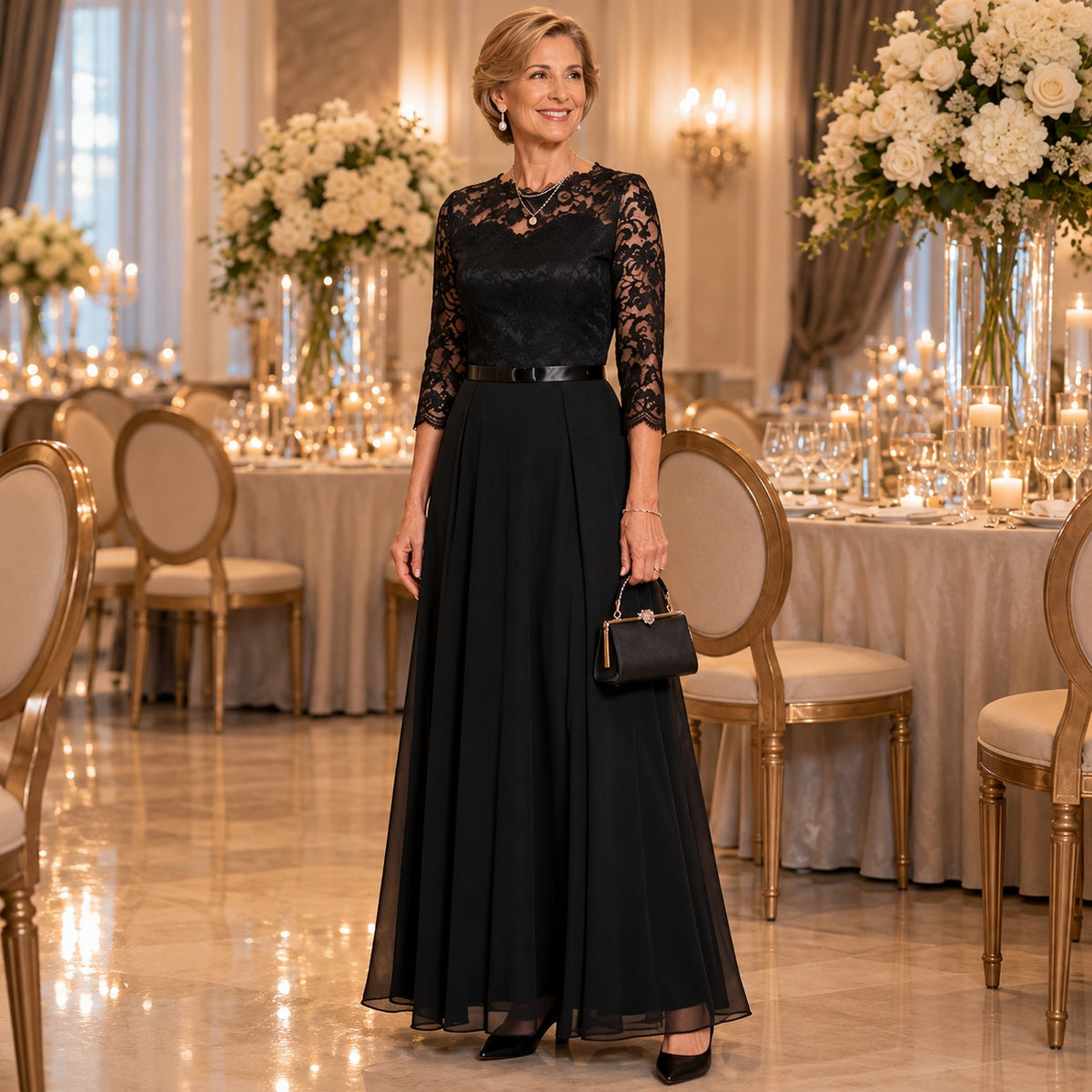 Vestido Amelia™ com Detalhes em Renda Floral e Mangas 3/4