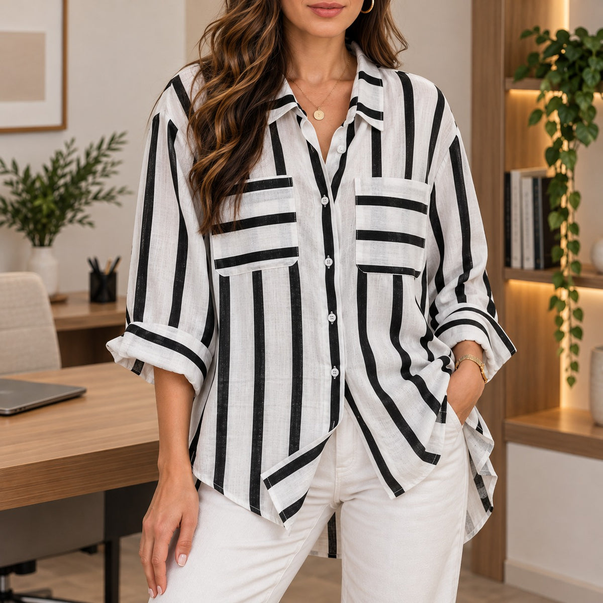 [COMPRE 1 E LEVE 2] Camisa Portofino™ com Listras Contrastantes, Bolsos Frontais e Modelagem Ampla