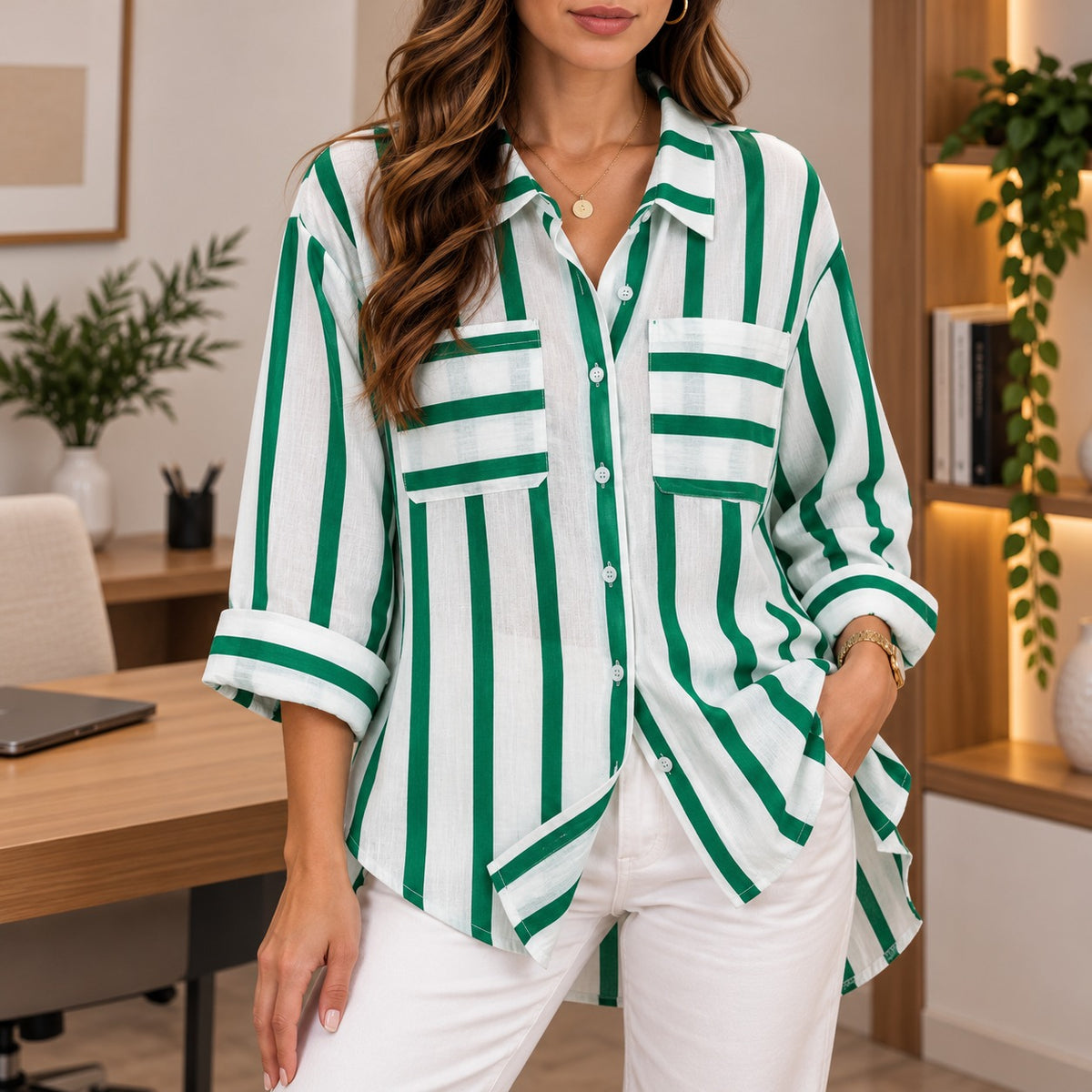 [COMPRE 1 E LEVE 2] Camisa Portofino™ com Listras Contrastantes, Bolsos Frontais e Modelagem Ampla