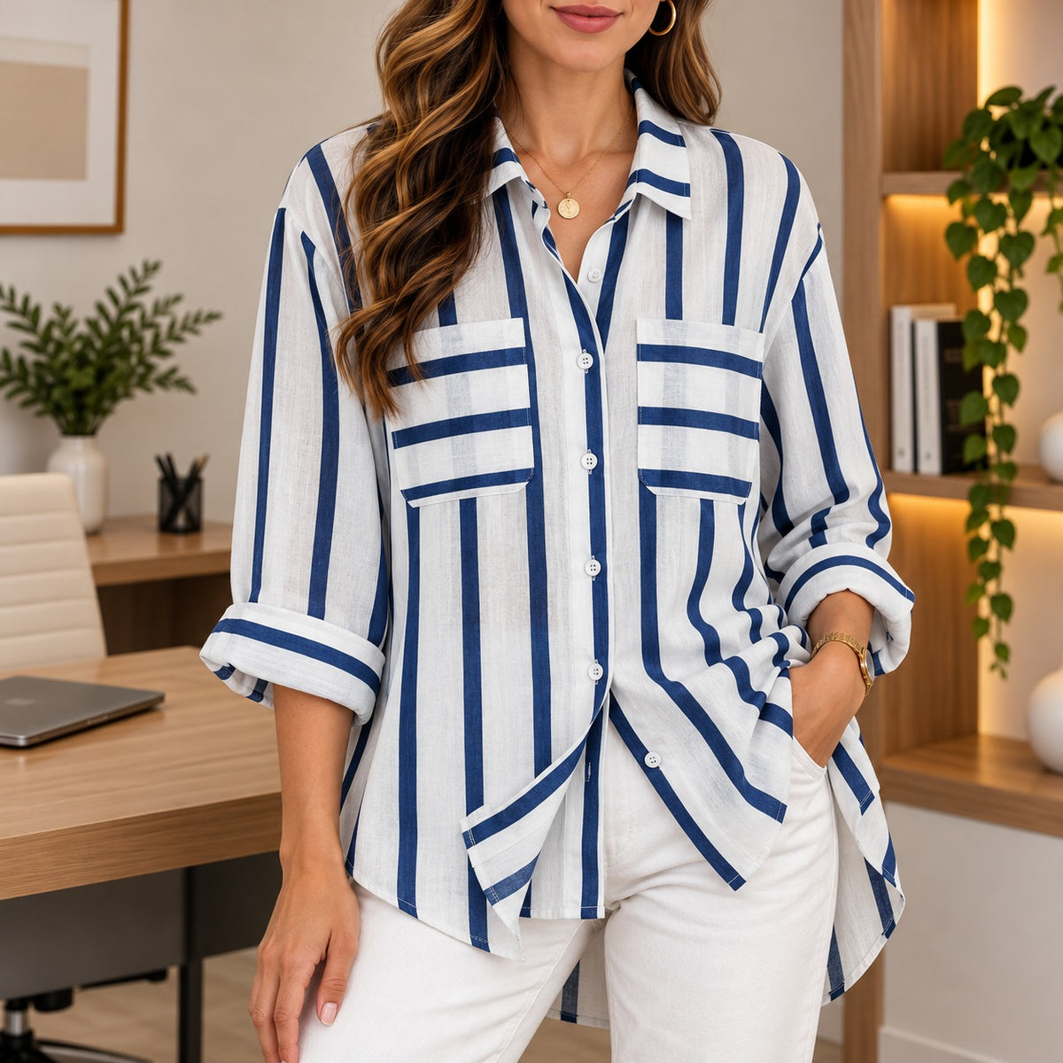 [COMPRE 1 E LEVE 2] Camisa Portofino™ com Listras Contrastantes, Bolsos Frontais e Modelagem Ampla