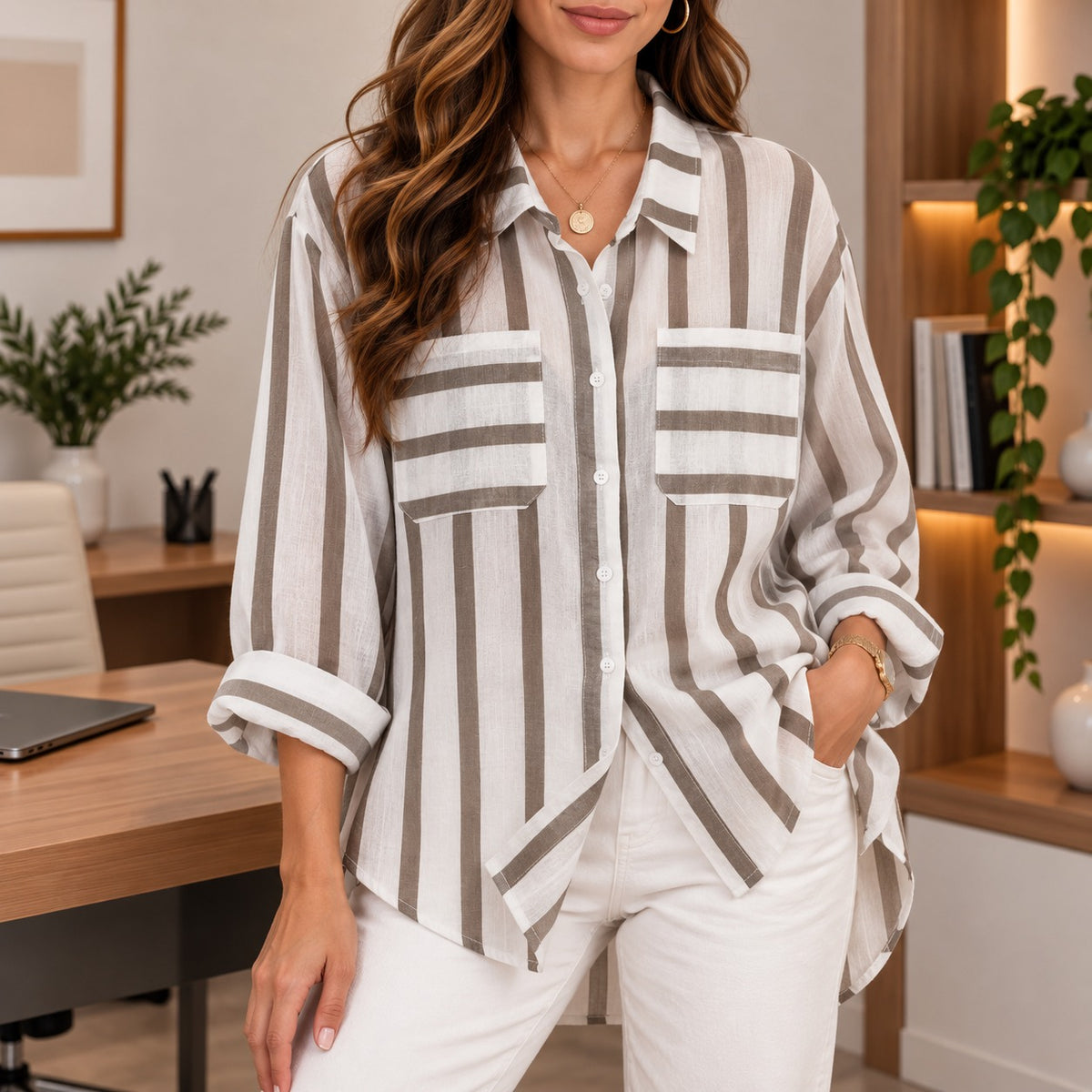 [COMPRE 1 E LEVE 2] Camisa Portofino™ com Listras Contrastantes, Bolsos Frontais e Modelagem Ampla