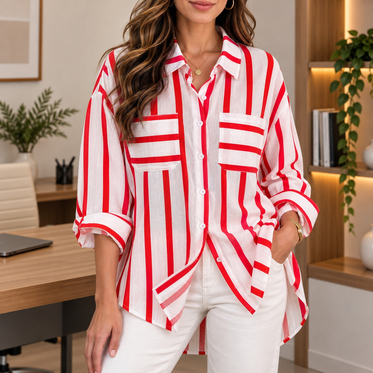 [COMPRE 1 E LEVE 2] Camisa Portofino™ com Listras Contrastantes, Bolsos Frontais e Modelagem Ampla
