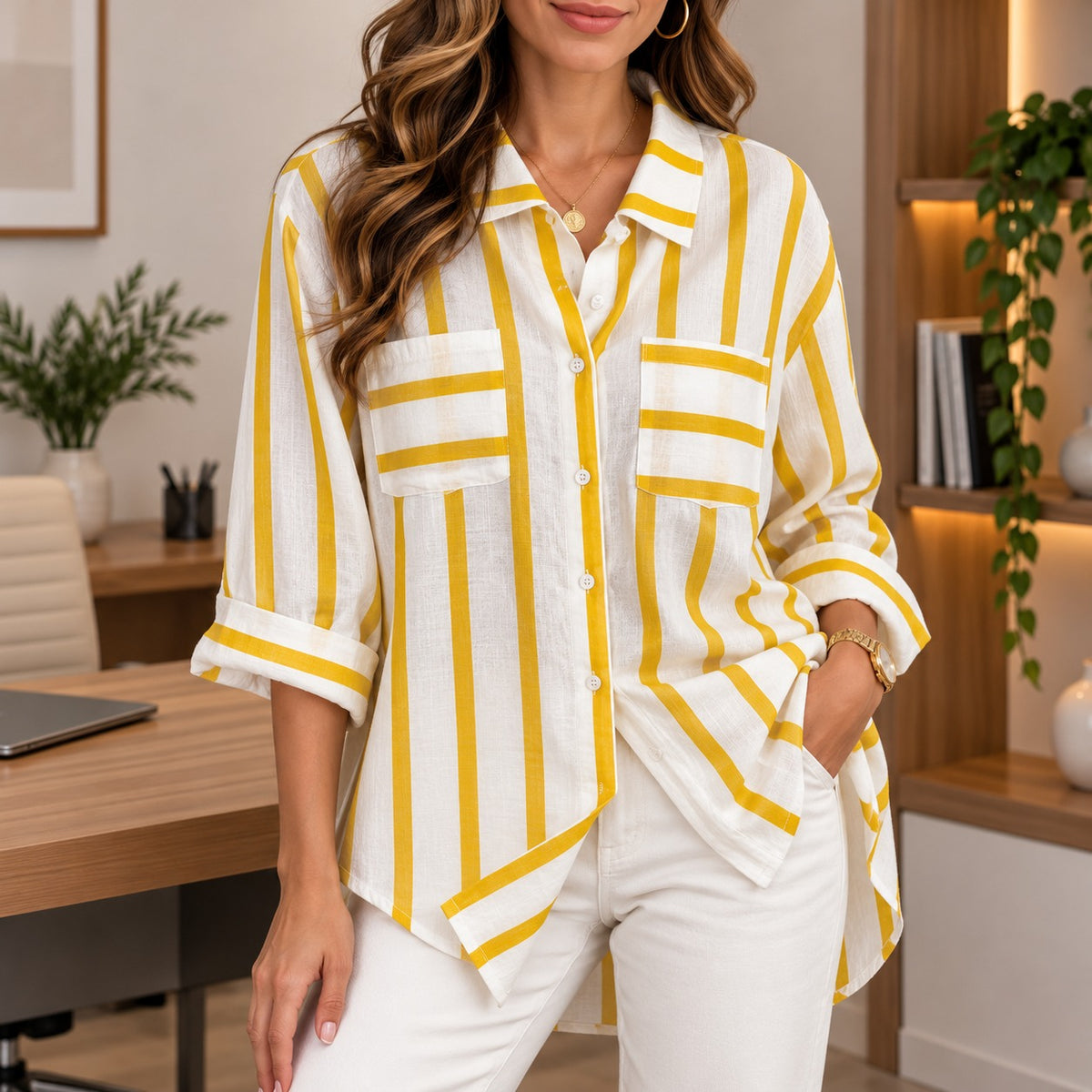 [COMPRE 1 E LEVE 2] Camisa Portofino™ com Listras Contrastantes, Bolsos Frontais e Modelagem Ampla