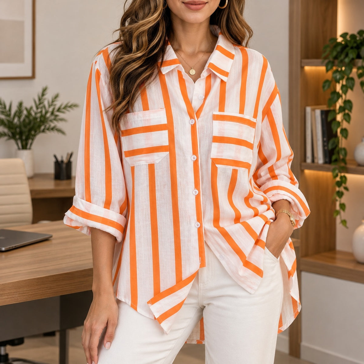[COMPRE 1 E LEVE 2] Camisa Portofino™ com Listras Contrastantes, Bolsos Frontais e Modelagem Ampla