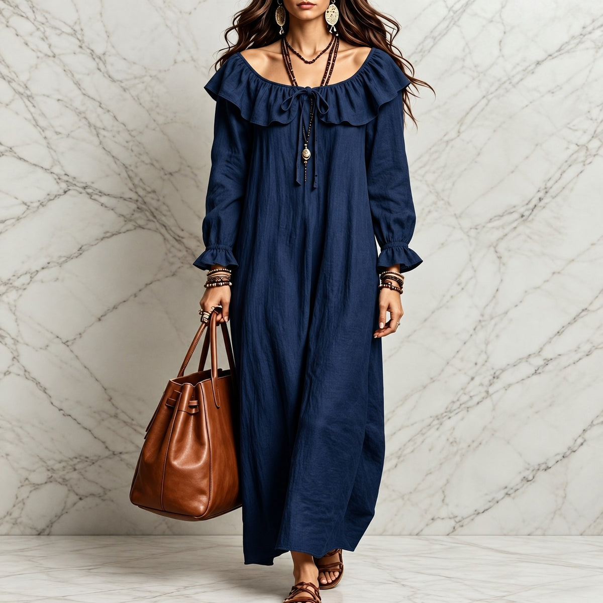 Vestido Ludovica™ com Babado no Decote, Punhos Franzidos e Modelagem Ampla