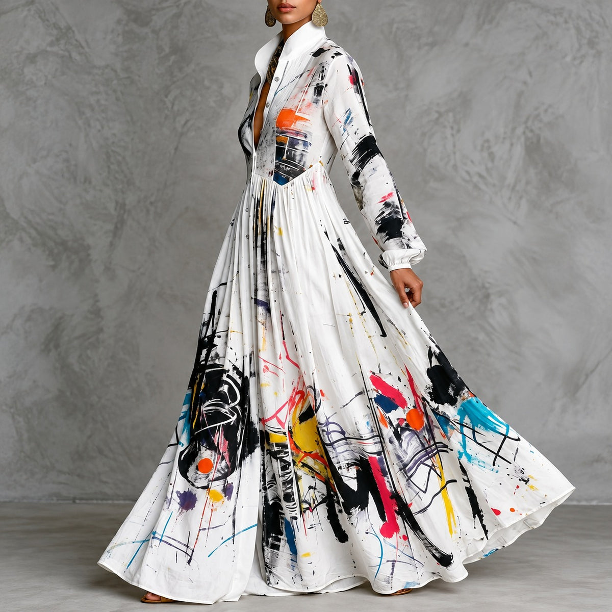 Vestido Tarsila™ com Estampa Abstrata Artística, Cintura Marcada e Saia Evasê