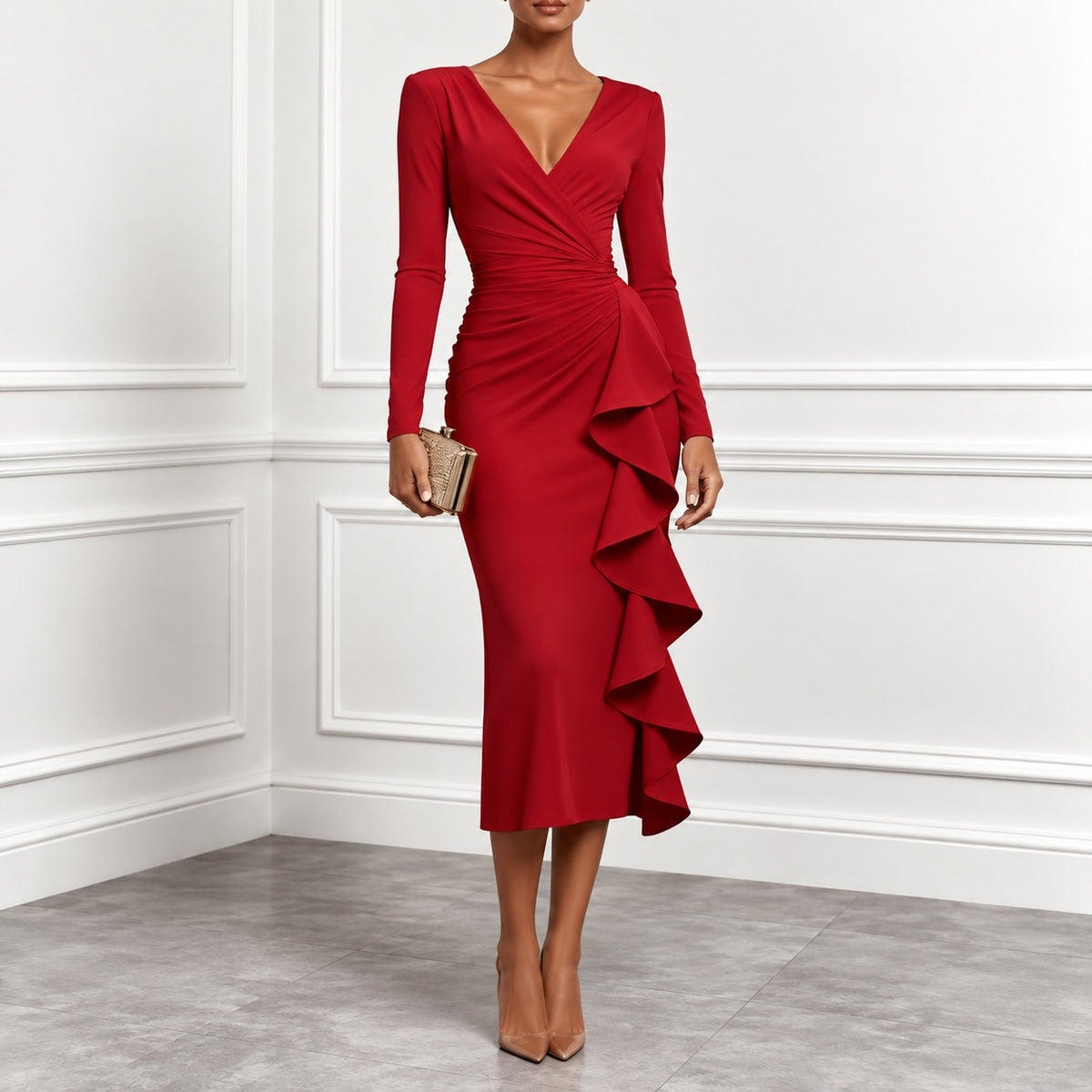Vestido Midi Gianna™ com Decote V Transpassado, Cintura Drapeada e Babado Cascata