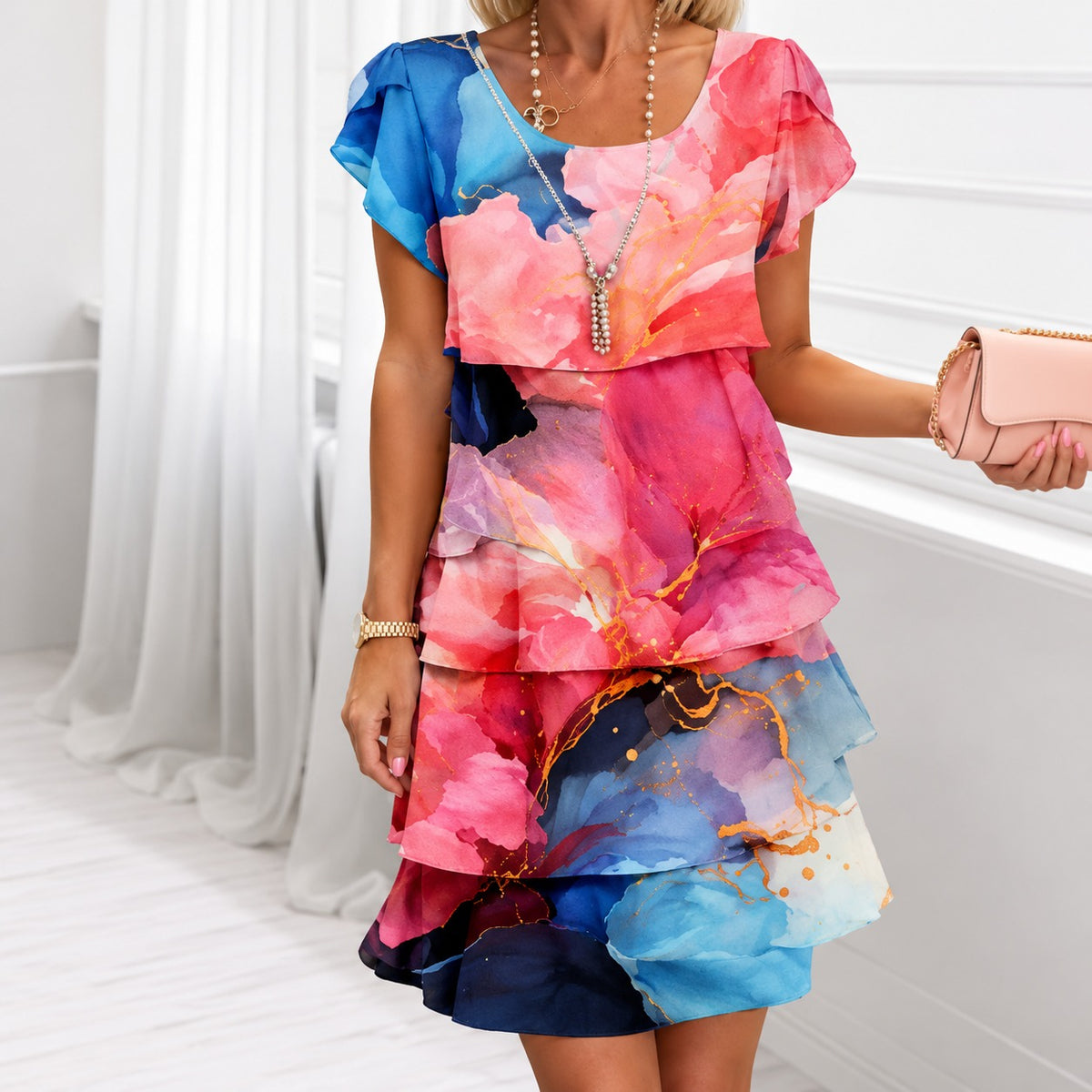 Vestido Maristella™ com Modelagem em Camadas, Mangas Curtas e Decote Redondo