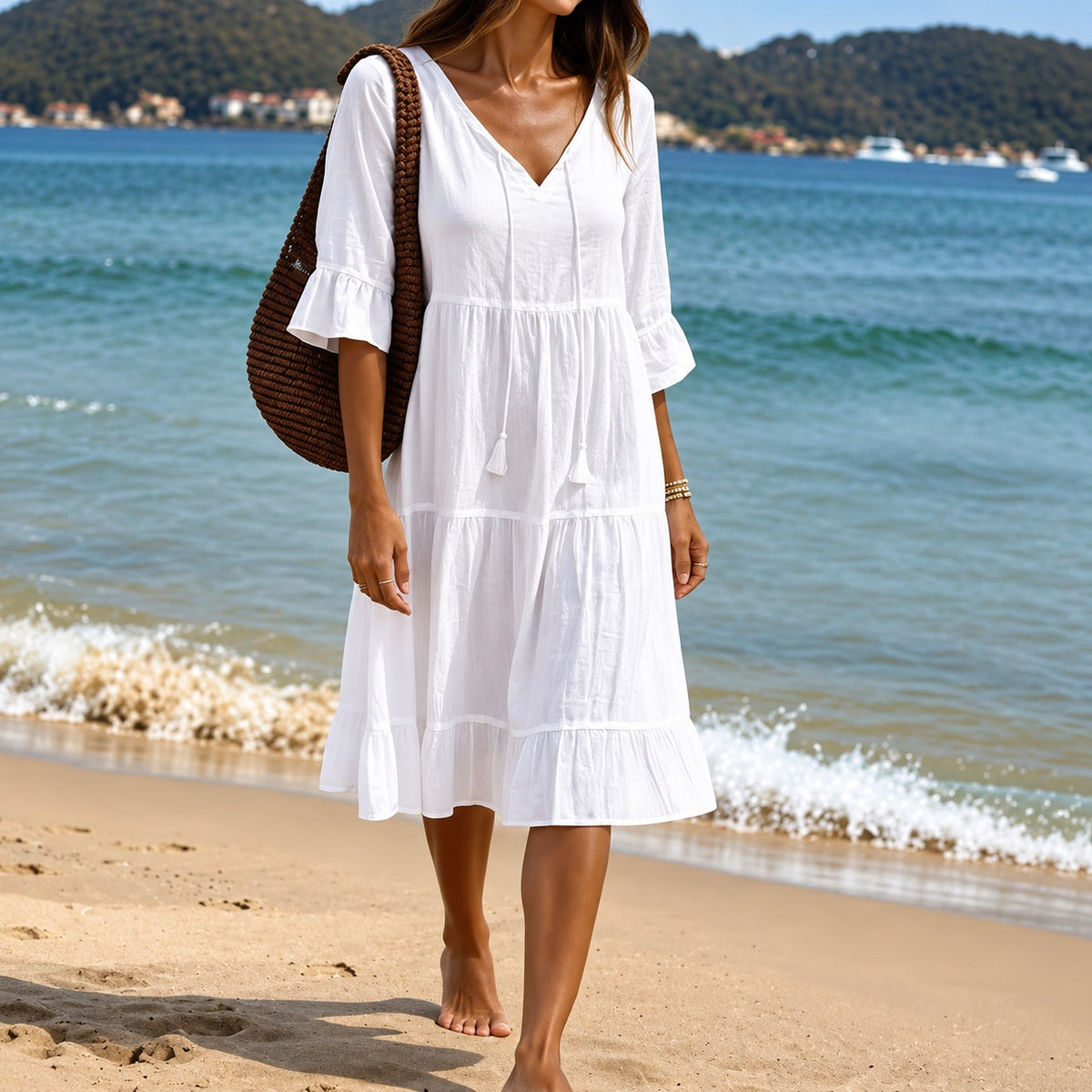 Vestido Gabrielle™ com Decote V, Saia em Camadas e Mangas com Babados