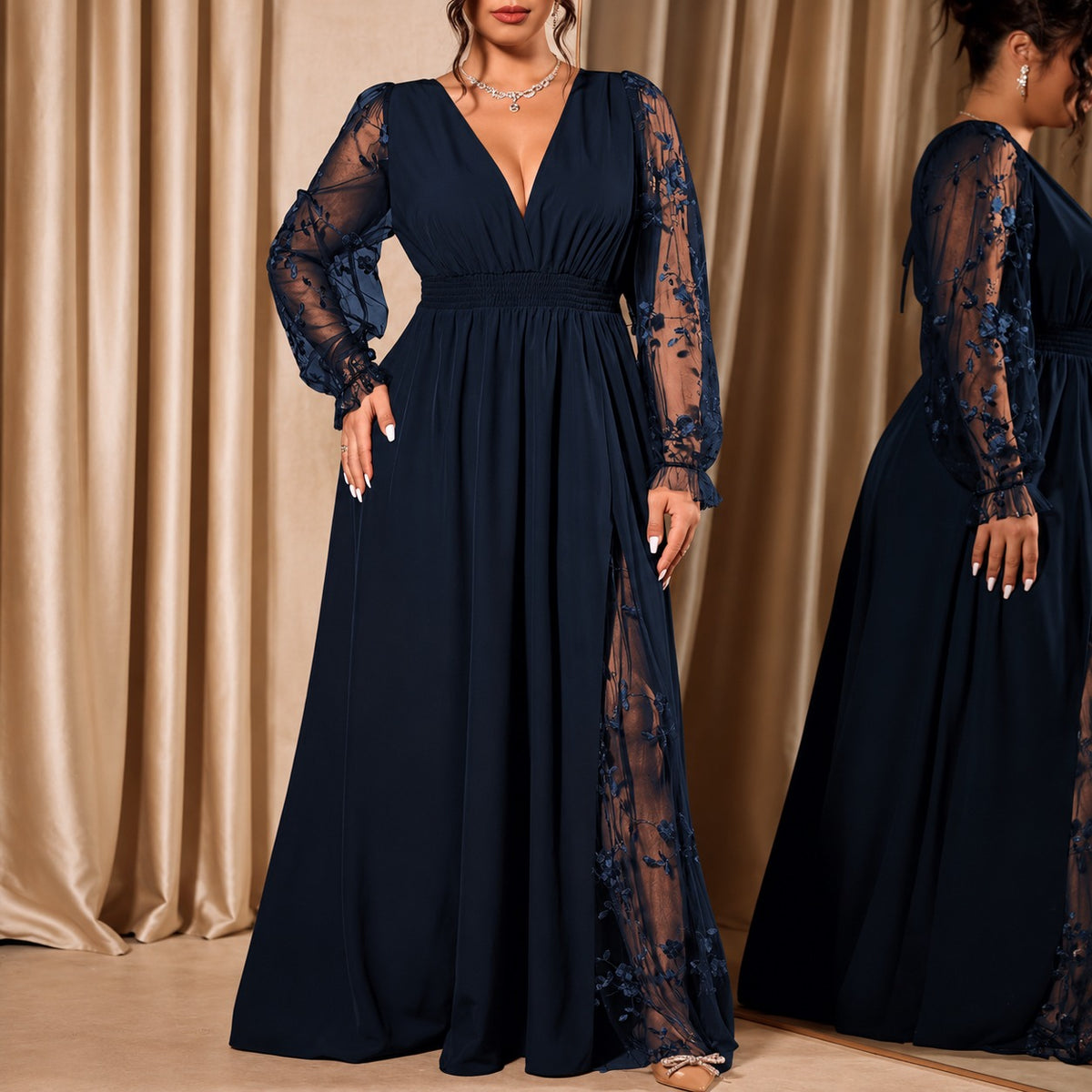 Vestido Giselle™ Evasê com Fenda Lateral e Mangas em Tule Transparente Floral
