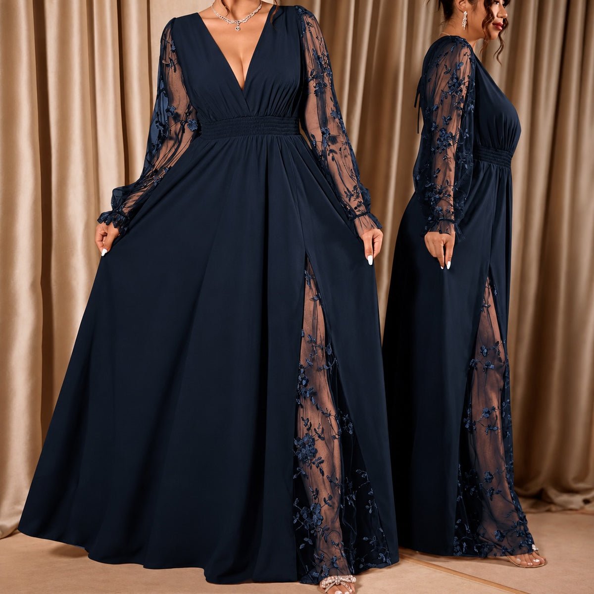 Vestido Giselle™ Evasê com Fenda Lateral e Mangas em Tule Transparente Floral