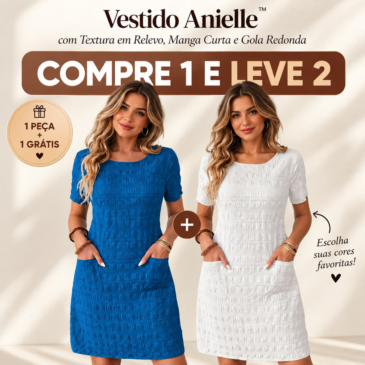 [ COMPRE 1 E LEVE 2 ] Vestido Anielle™ com Textura em Relevo, Manga Curta e Gola Redonda