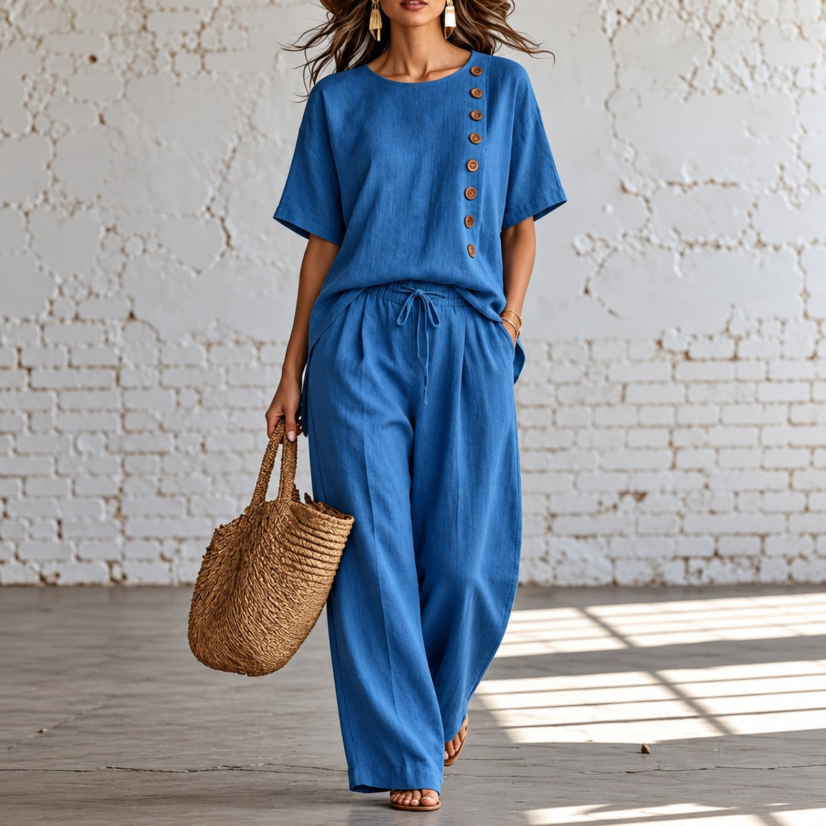 Conjunto Varese™ com Blusa de Botões Decorativos e Calça Pantalona / Conforto e Liberdade Para Acompanhar Sua Rotina