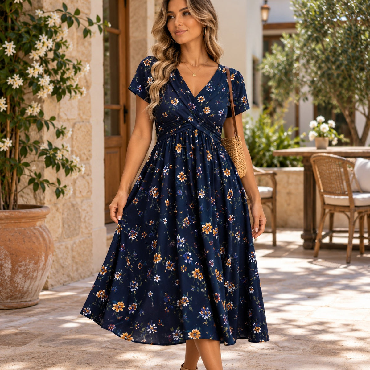 Vestido Florisa™ com Estampa Floral, Decote em V Transpassado e Cintura Marcada / O Romantismo das Flores em Uma Silhueta Feminina