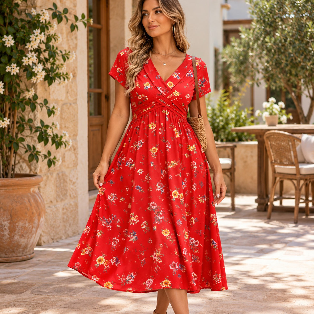 Vestido Florisa™ com Estampa Floral, Decote em V Transpassado e Cintura Marcada / O Romantismo das Flores em Uma Silhueta Feminina