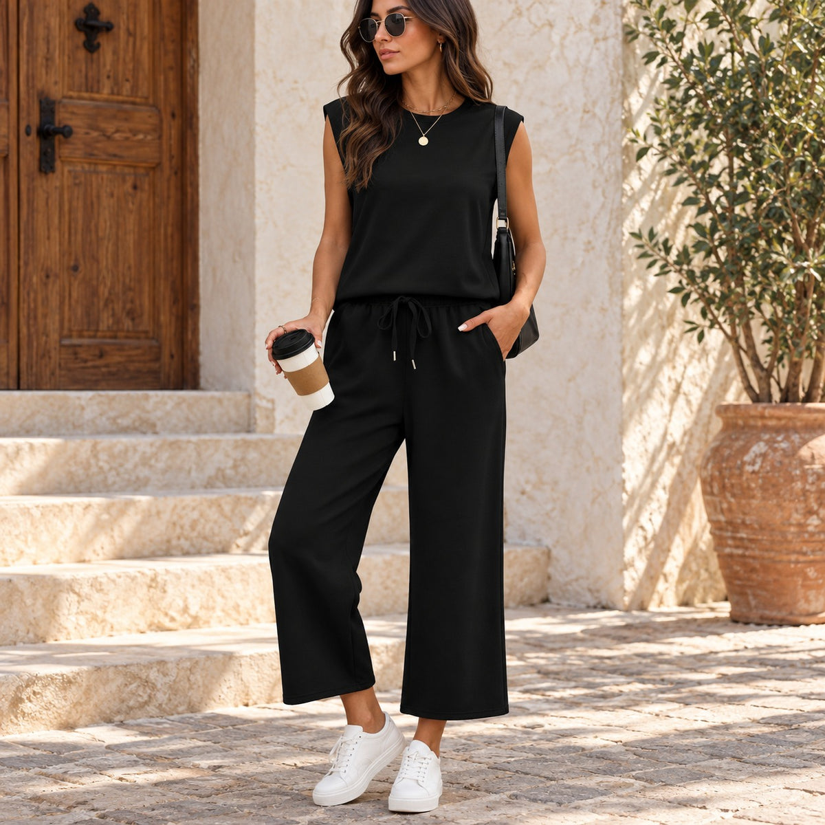 Conjunto Danika™ com Blusa Sem Mangas e Calça Pantalona com Cordão Ajustável