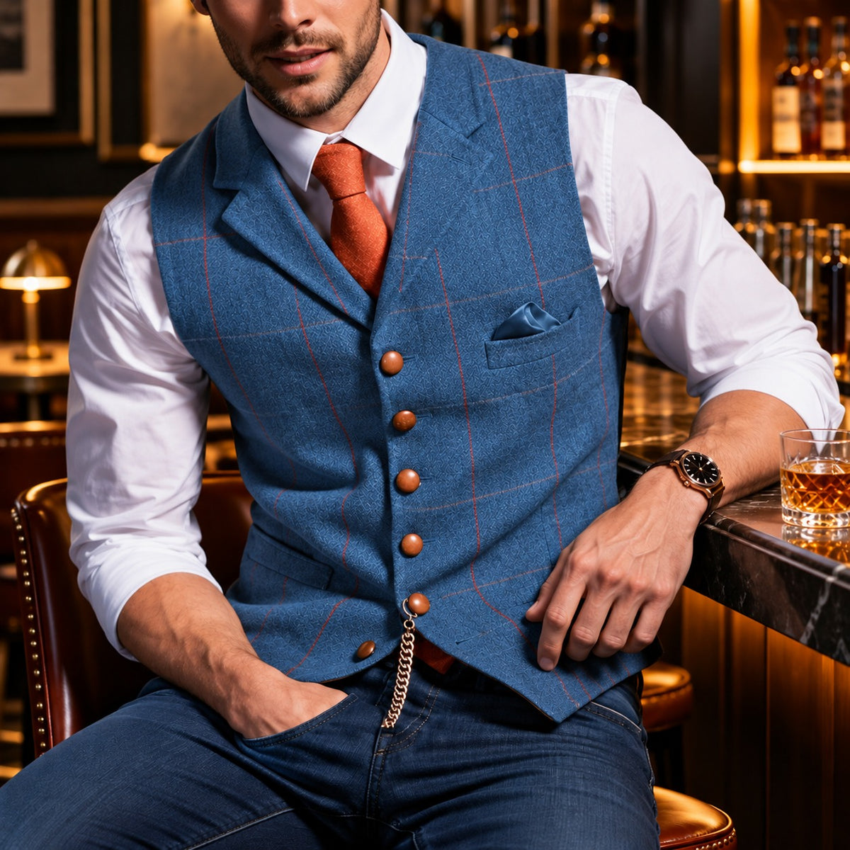 Colete Brenford™ com Estampa Xadrez, Lapelas Clássicas e Botões Acobreados / A Elegância da Alfaiataria Clássica com Uma Presença Masculina Marcante
