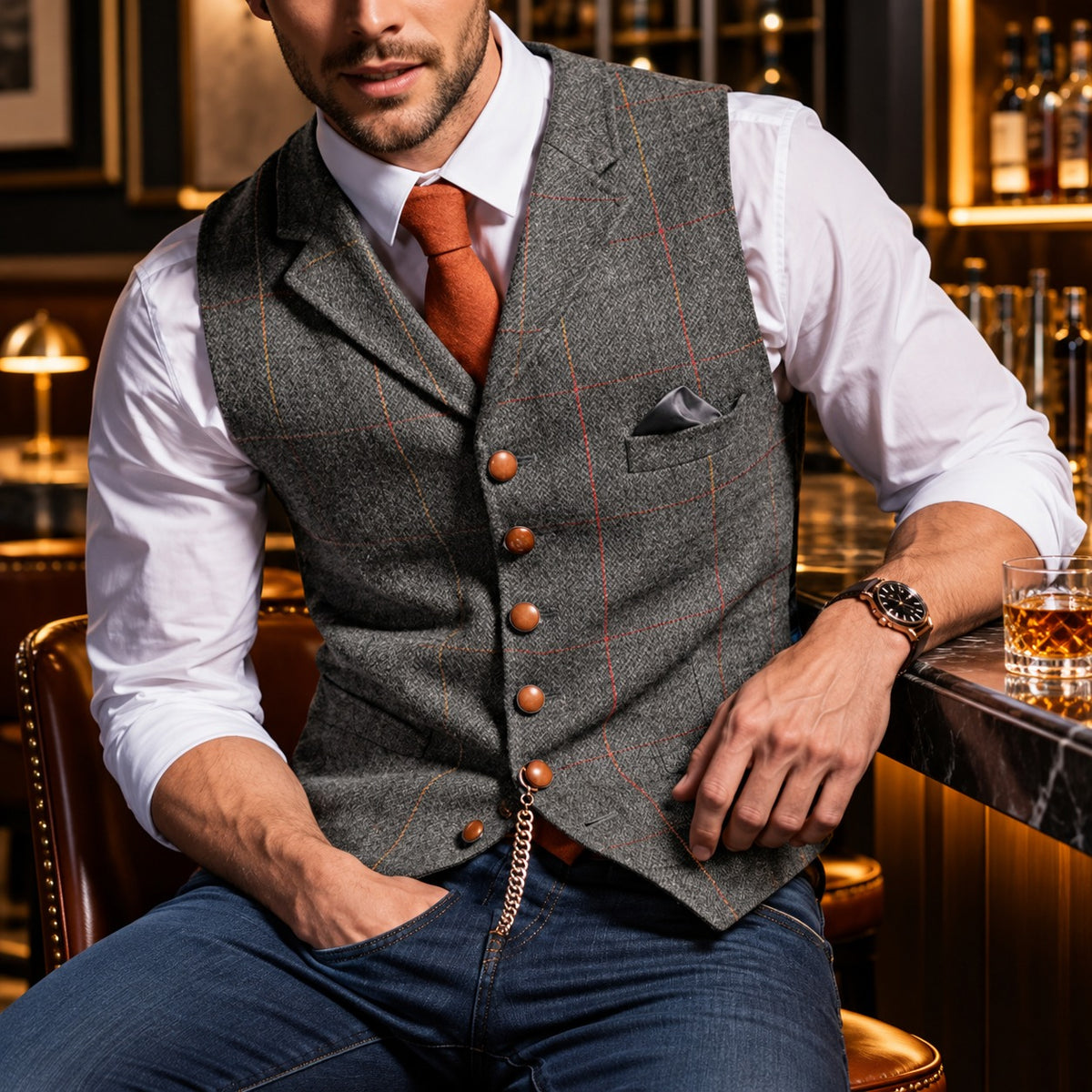 Colete Brenford™ com Estampa Xadrez, Lapelas Clássicas e Botões Acobreados / A Elegância da Alfaiataria Clássica com Uma Presença Masculina Marcante