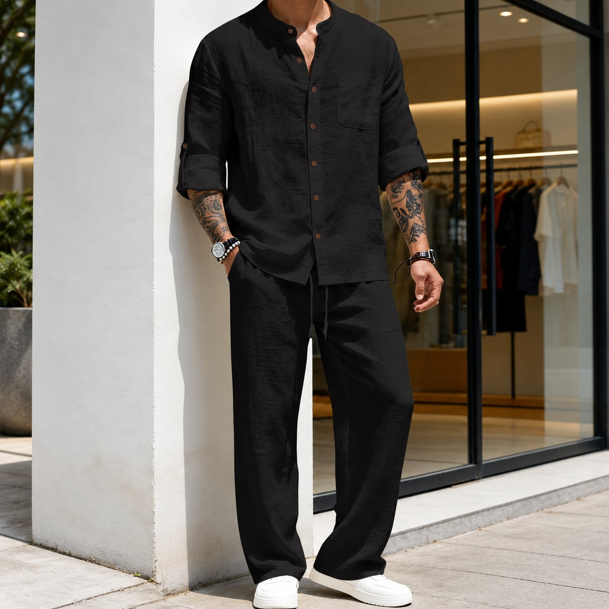 Conjunto Thomas™ em Linho de Algodão com Camisa de Botões Frontais e Calça com Cordão