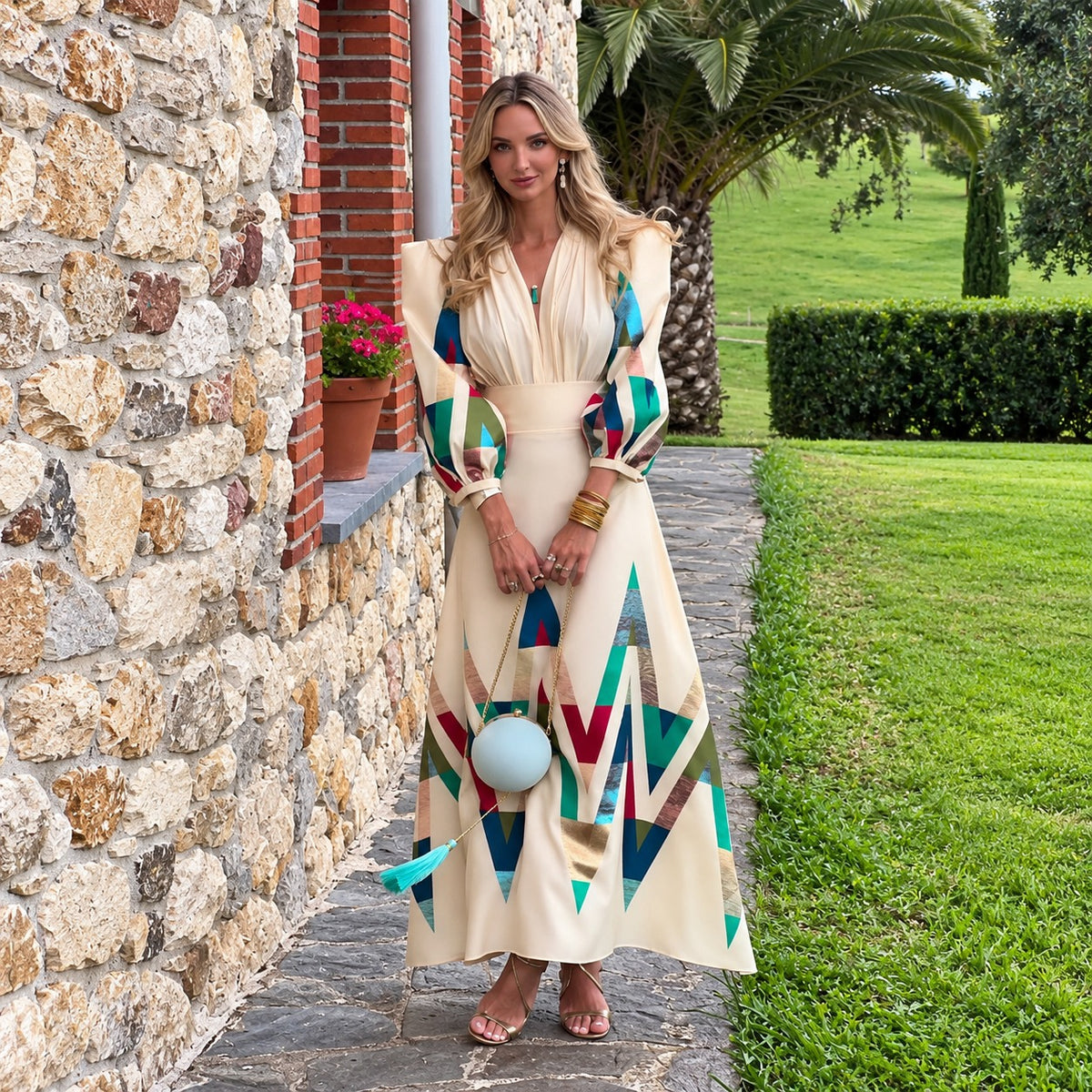 Conjunto Marcela™ com Blusa de Ombros Estruturados e Saia Longa com Estampa Geométrica Colorida