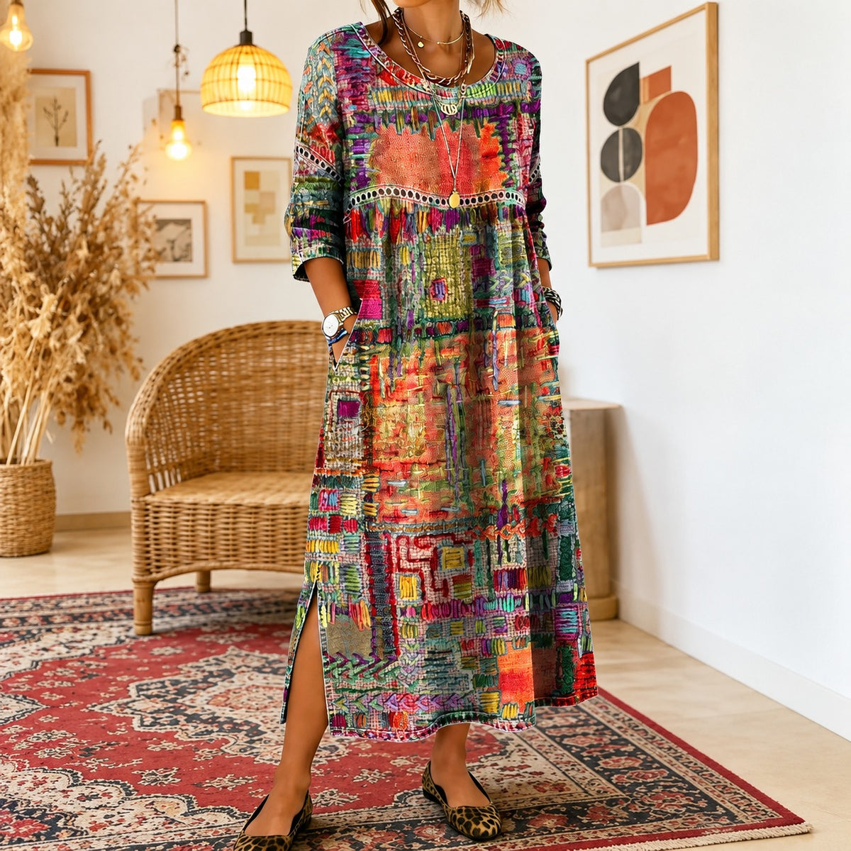 Vestido Carmen™ com Estampa de Mosaico Colorido e Modelagem Soltinha