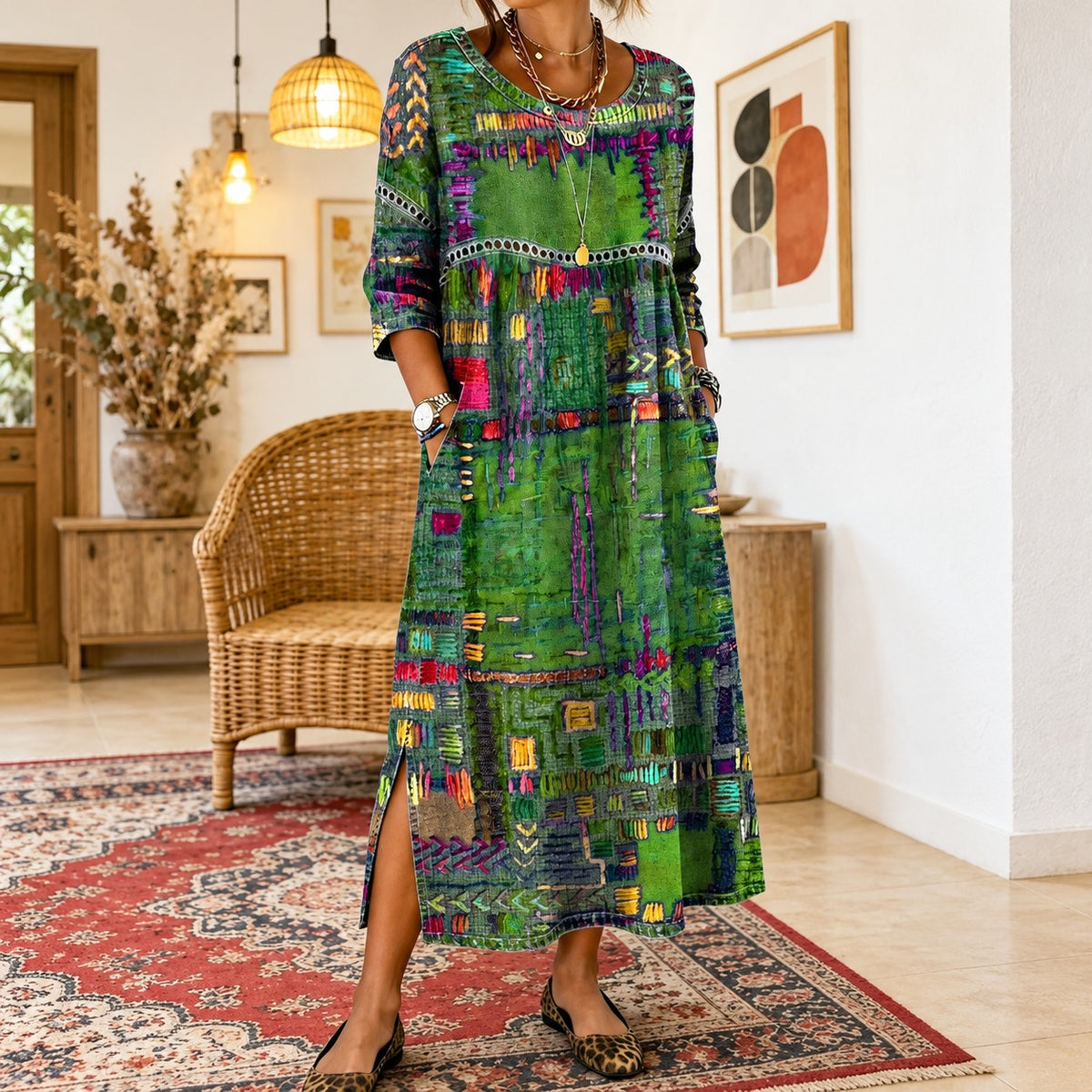 Vestido Carmen™ com Estampa de Mosaico Colorido e Modelagem Soltinha