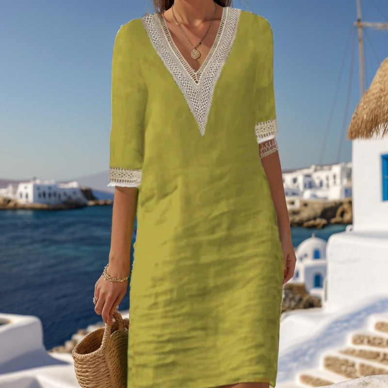 Vestido Amalfi™ em Linho de Algodão com Detalhes Artesanais / Elegância Mediterrânea com Toque Boho Chic!