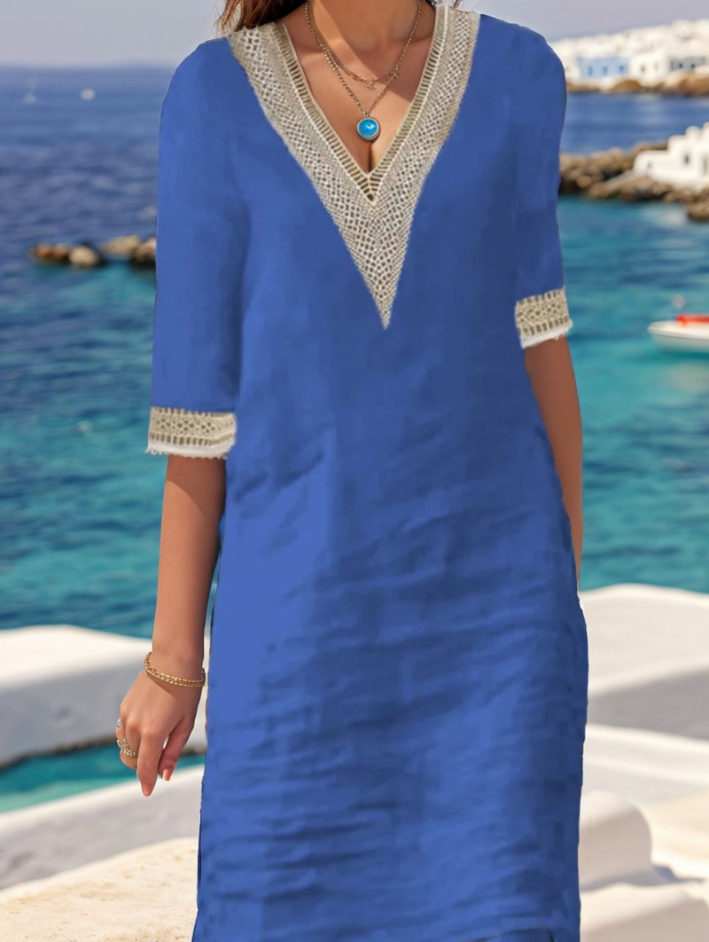 Vestido Amalfi™ em Linho de Algodão com Detalhes Artesanais / Elegância Mediterrânea com Toque Boho Chic!