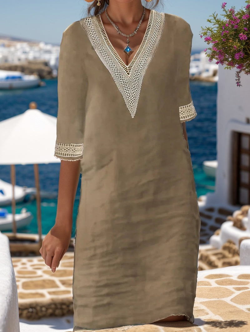 Vestido Amalfi™ em Linho de Algodão com Detalhes Artesanais / Elegância Mediterrânea com Toque Boho Chic!