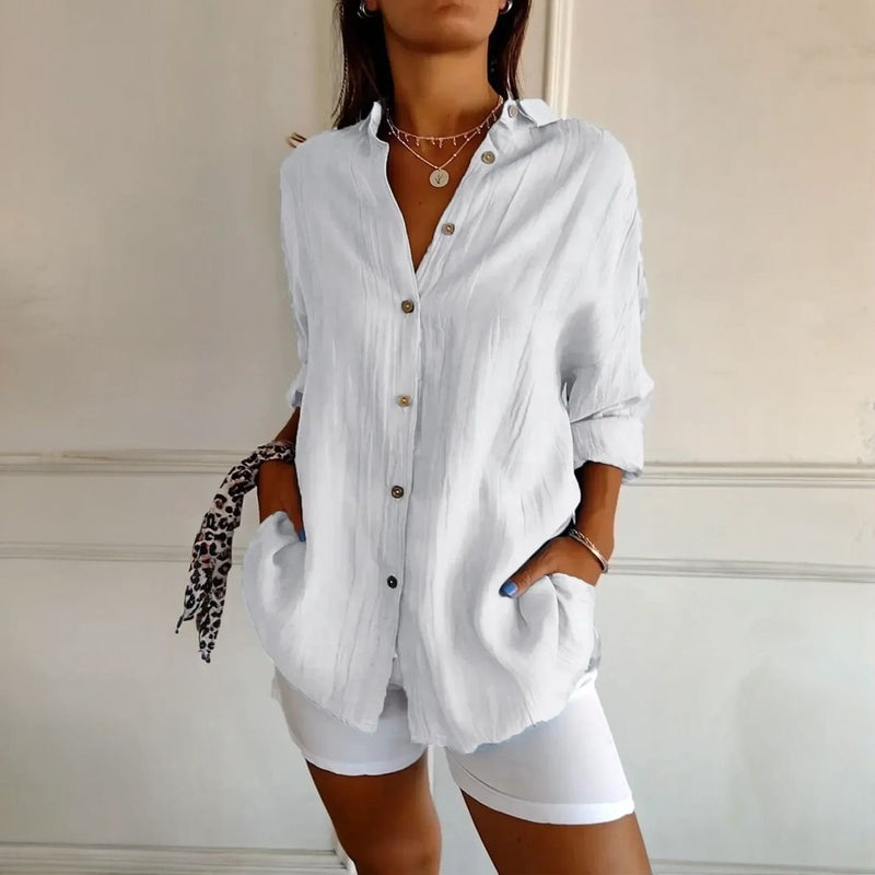 [Liquidação: Compre 1 e Leve 3] Camisa Ibiza™ em Linho de Algodão com Design Semi Plissado / Conforto e Estilo que Abraçam a Mulher Elegante!