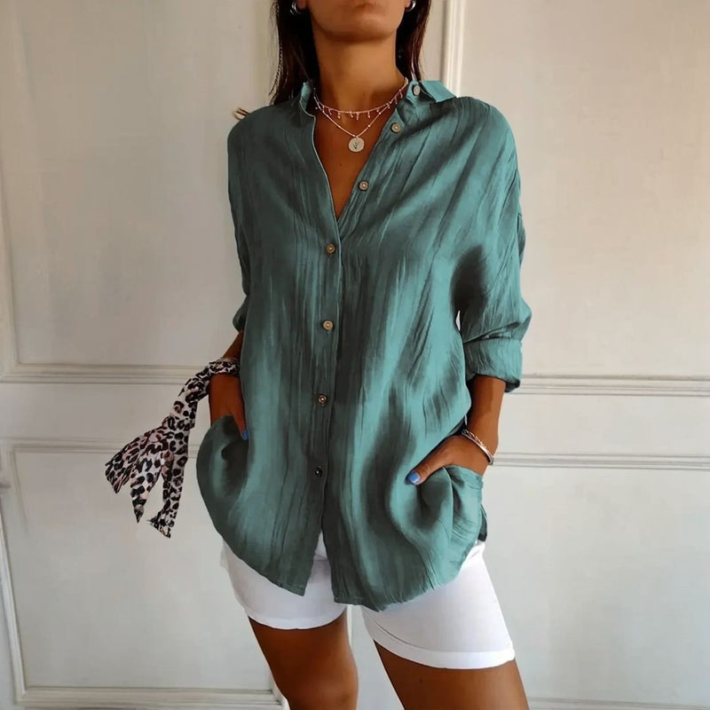 [Liquidação: Compre 1 e Leve 3] Camisa Ibiza™ em Linho de Algodão com Design Semi Plissado / Conforto e Estilo que Abraçam a Mulher Elegante!