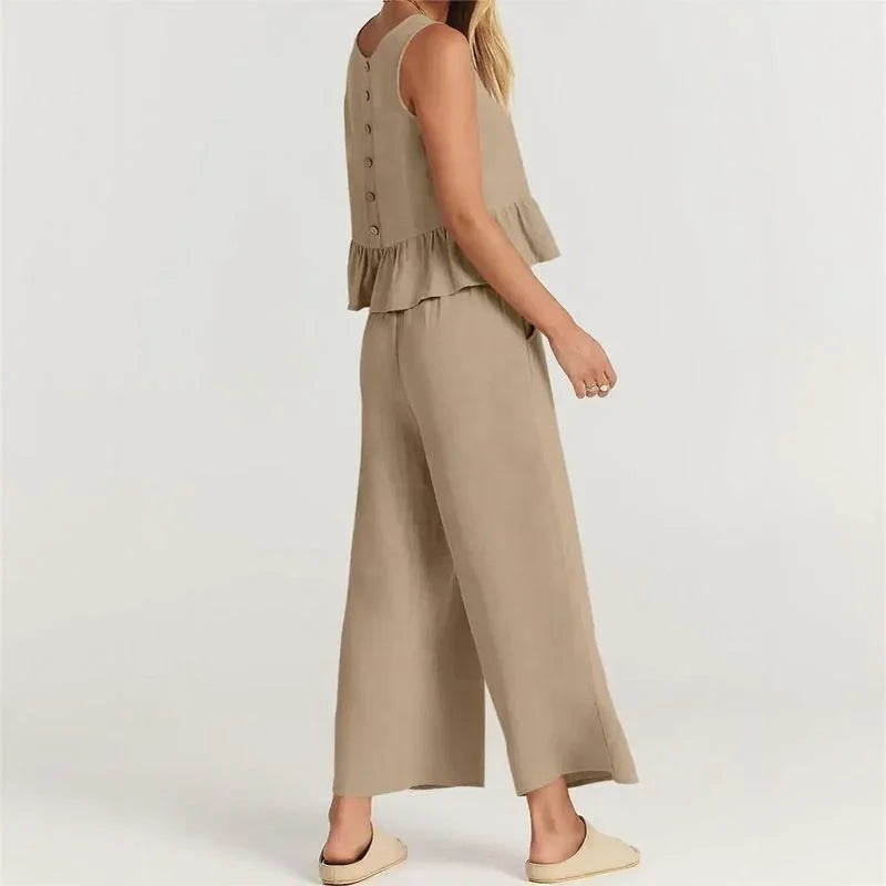 Conjunto Agatha™ Em Linho Misto com Babados / Minimalismo Elegante para Mulheres de Estilo!