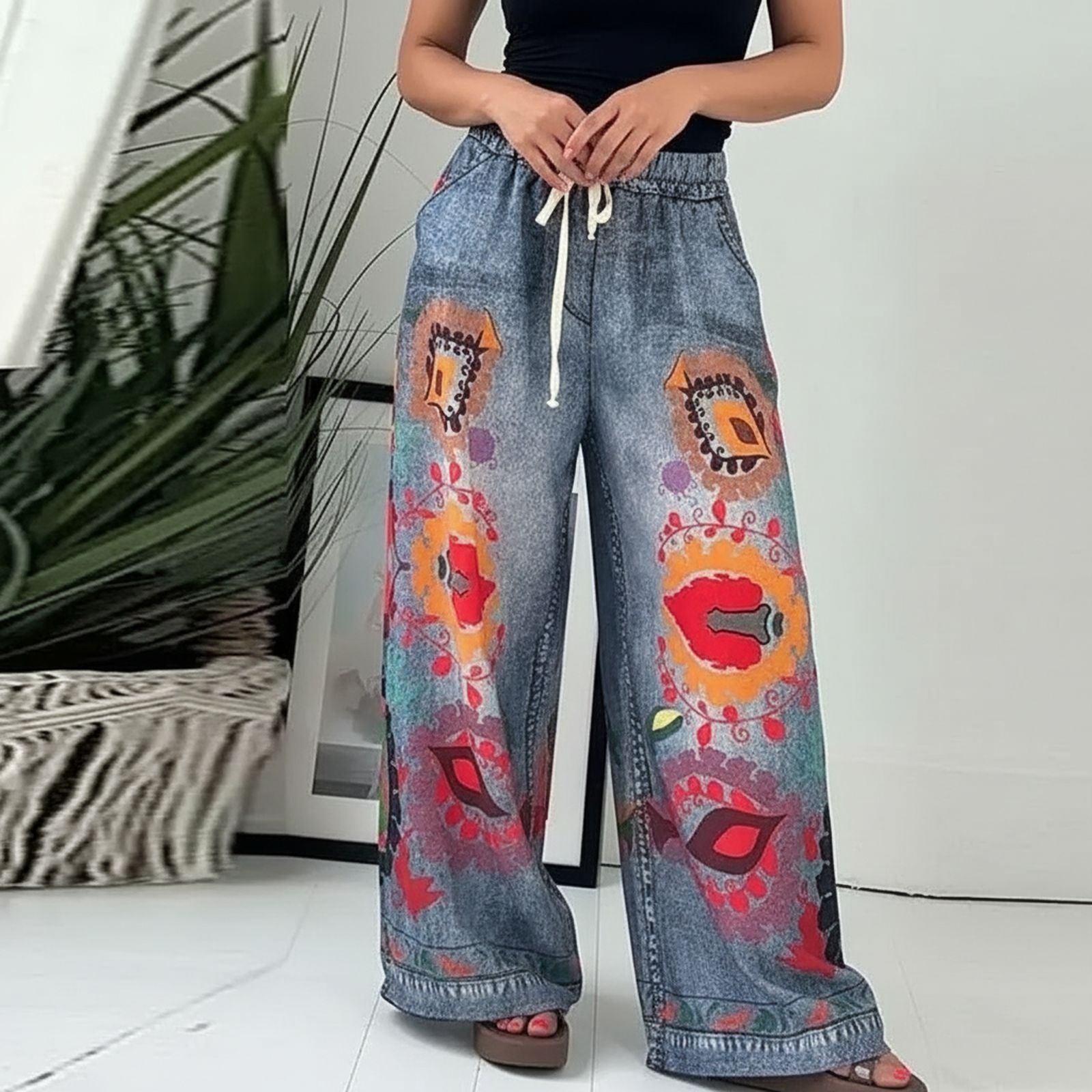 Calça Estampada Veraneio™ em Tecido Leve com Cós Confortável e Modelagem Ampla / Arte, Movimento e Expressão em Cada Passo!